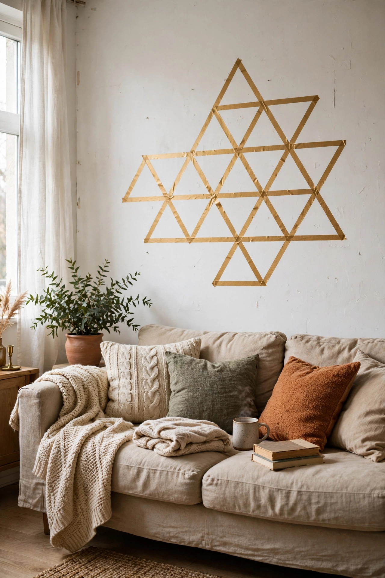 Gold washi tape geometric triangle pattern on a white wall above a sofa