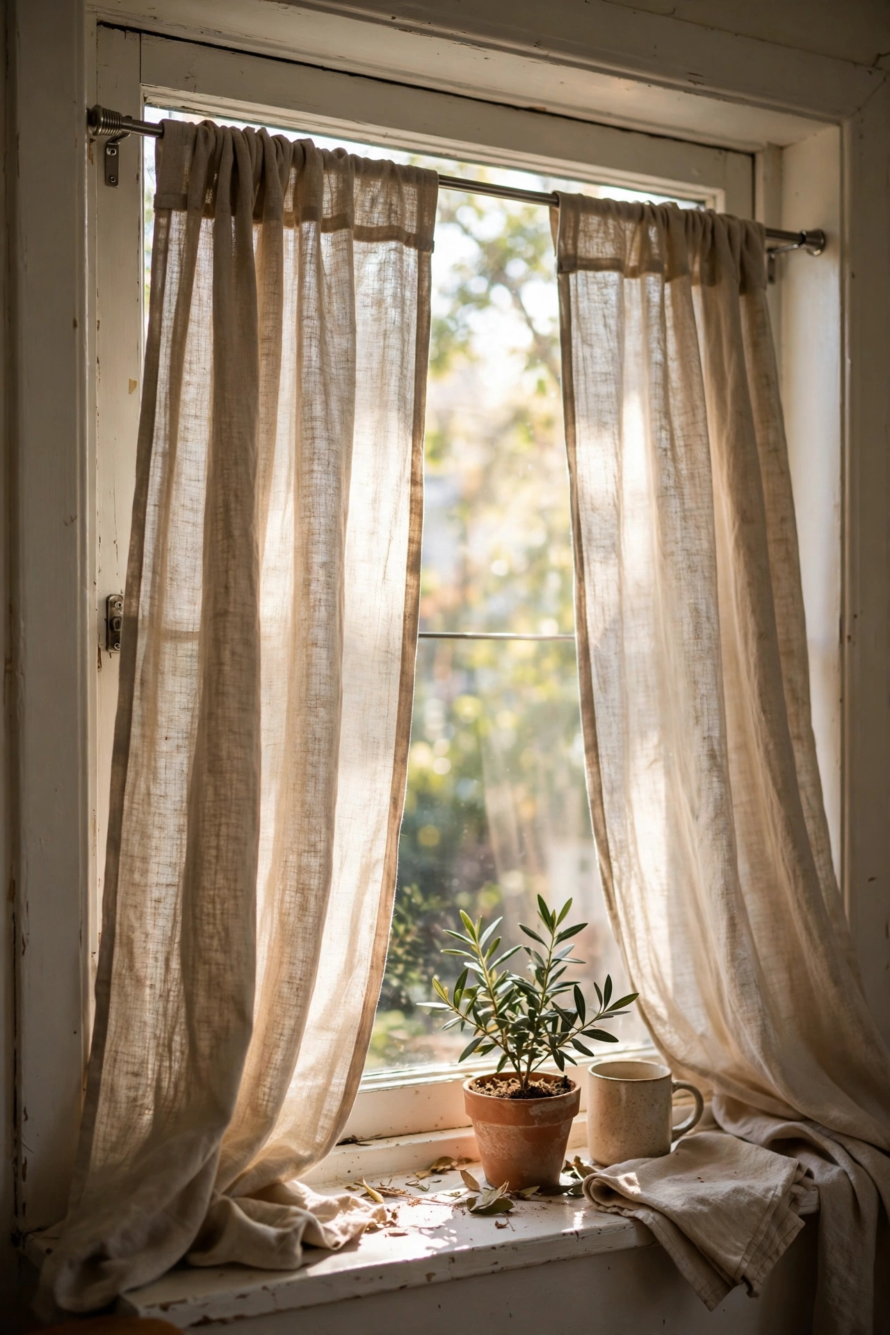 Tension rod with linen curtains inside a rental window frame
