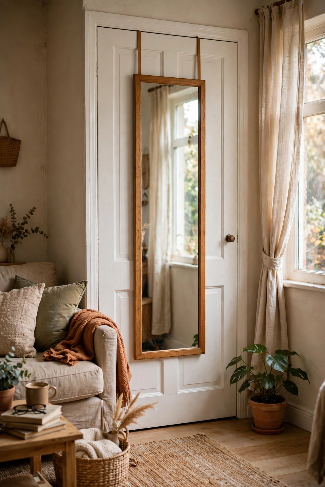 Full length mirror hung over a closet door with padded hooks