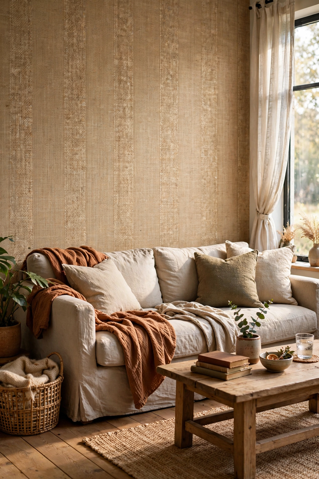 Peel and stick grasscloth wallpaper accent wall behind a sofa