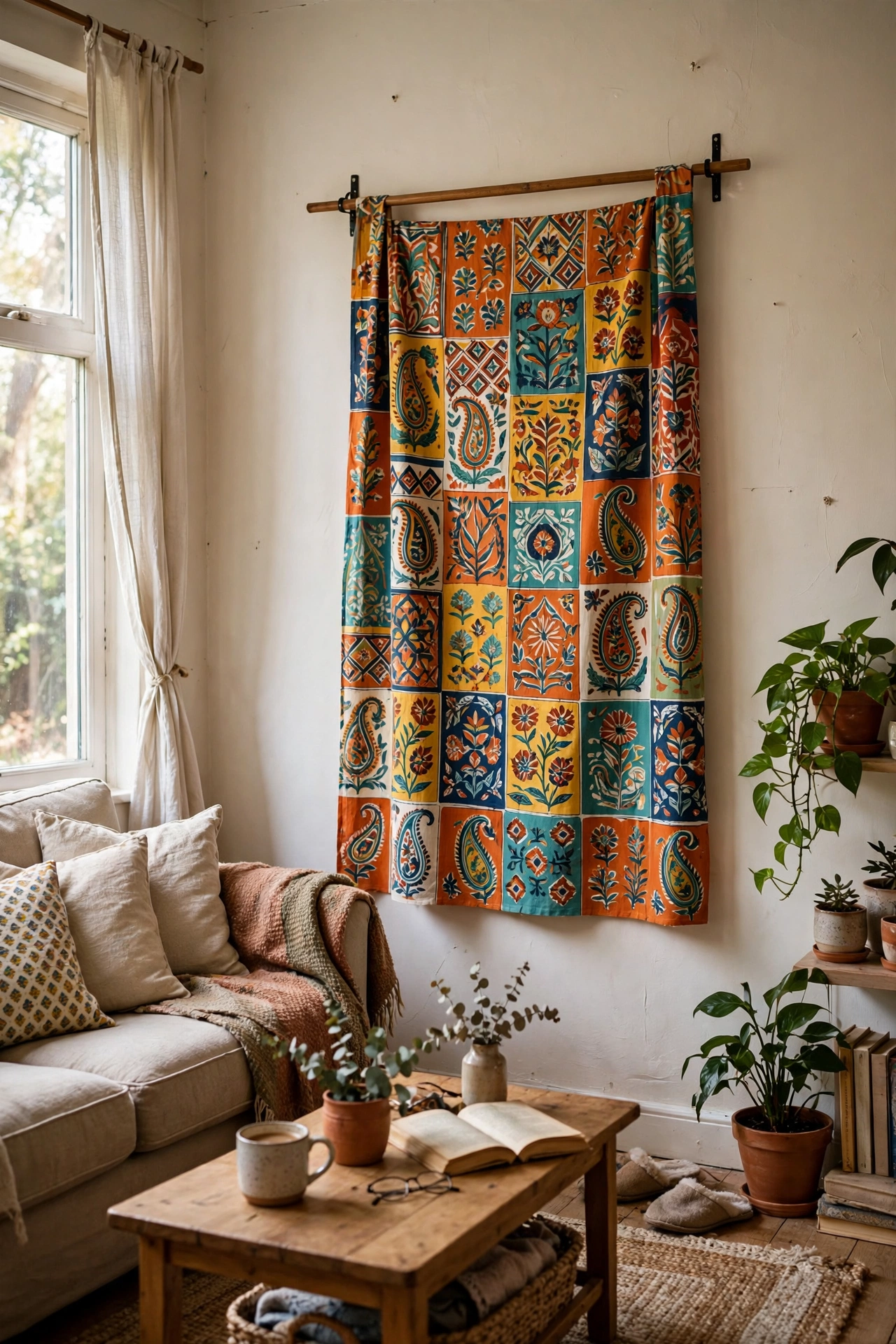 Block print textile hanging from a tension rod as a fabric wall hanging