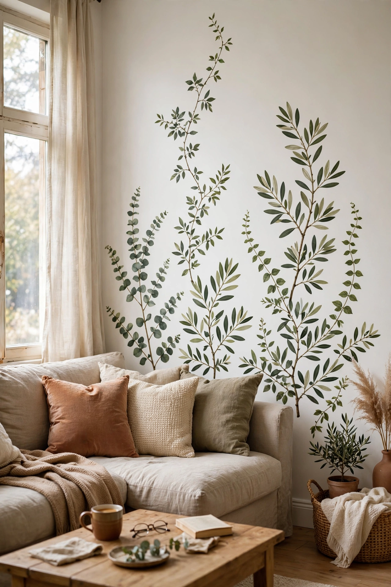 Botanical wall decals climbing up the wall behind a sofa
