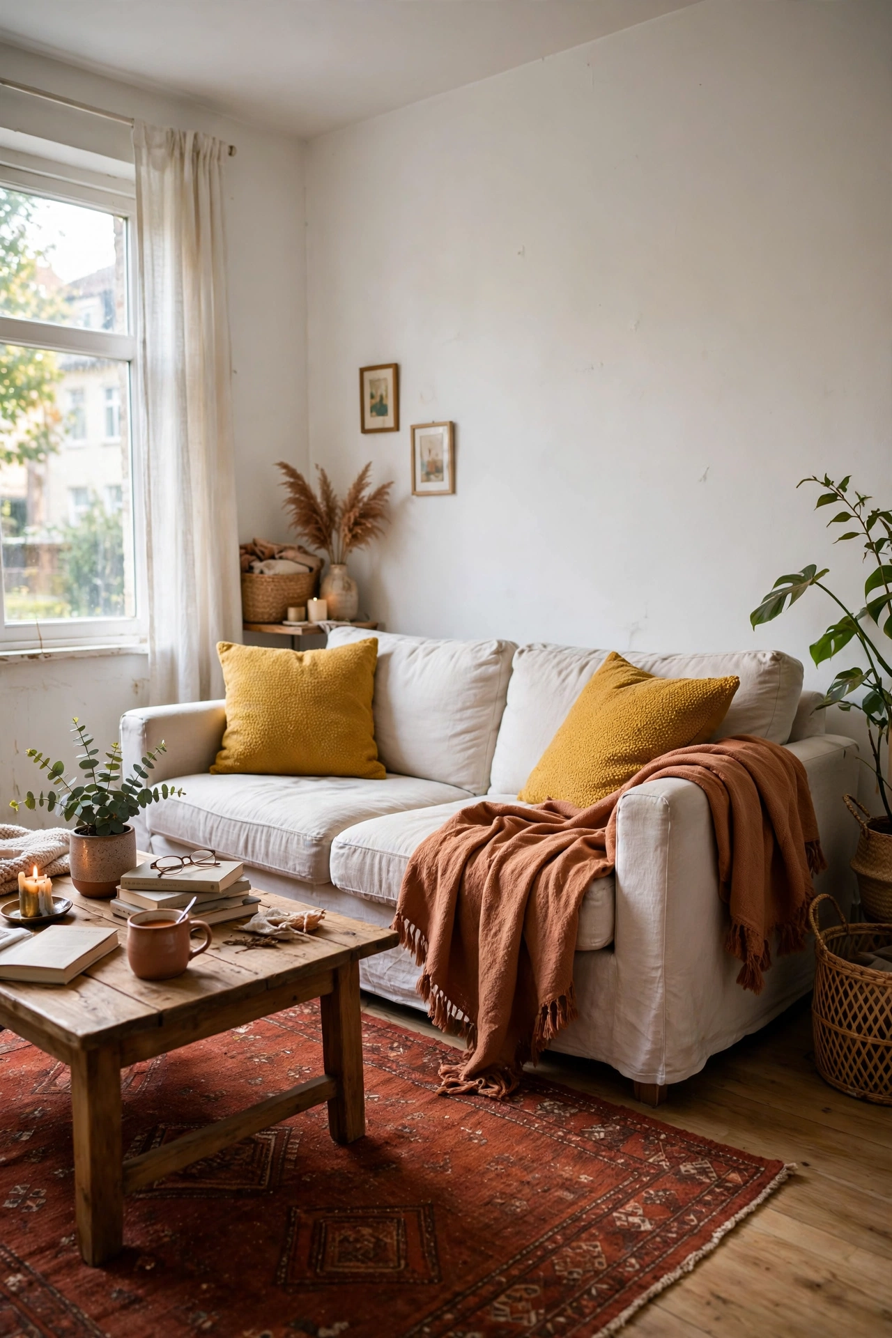 Rental living room with colour carried by rust rug, mustard pillows and terracotta throw