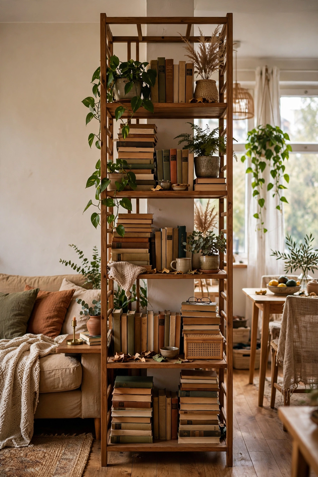 Open back bookcase used as a room divider in a studio apartment