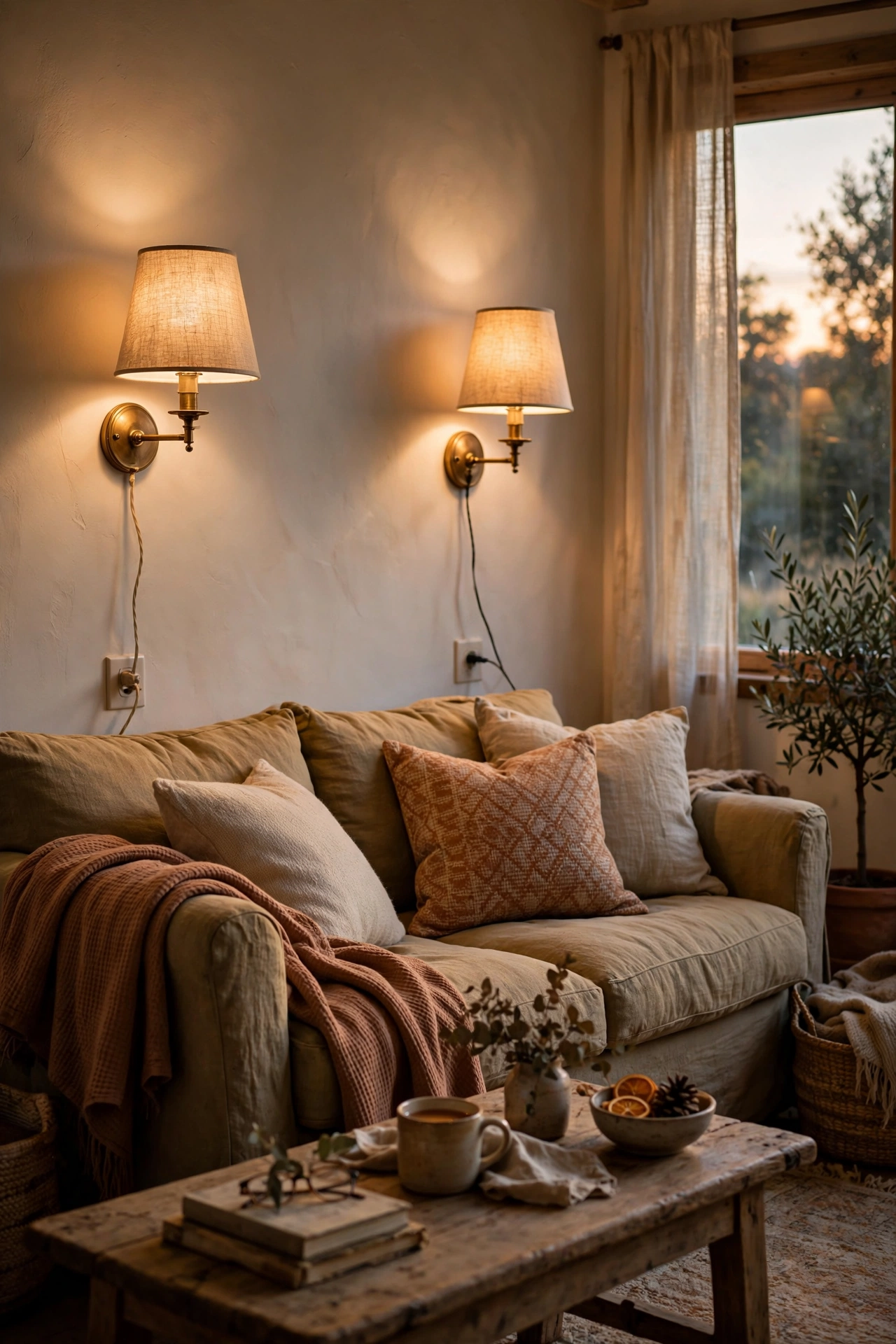 Plug in wall sconces flanking a sofa with neatly covered cords