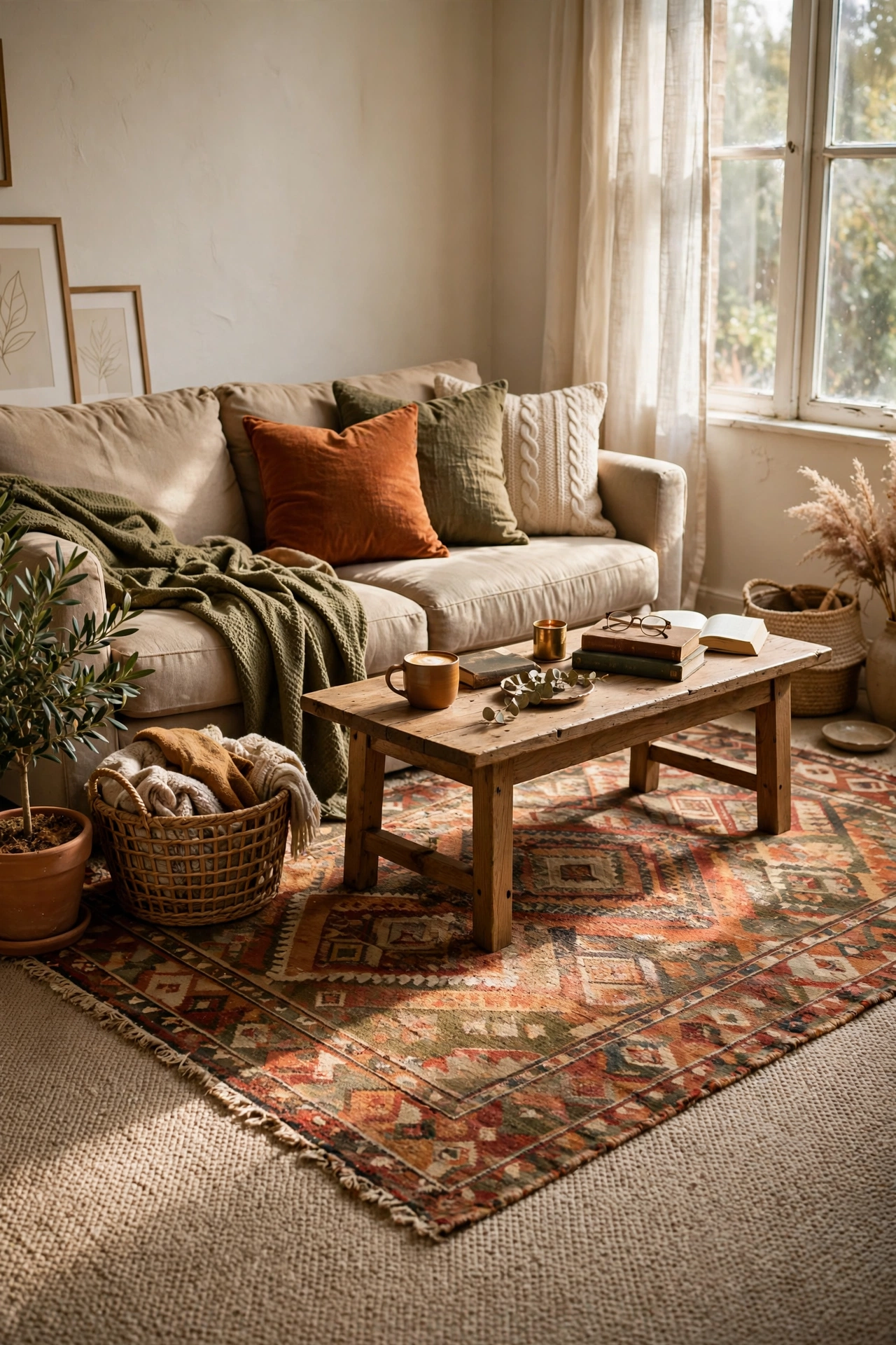 Patterned area rug layered over beige rental carpet defining a seating area