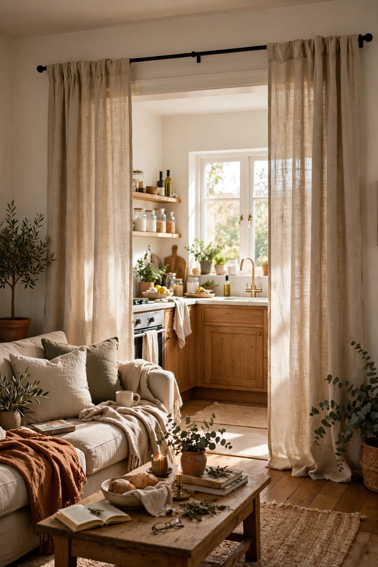 Linen curtain panels on a tension rod in a wide living room doorway