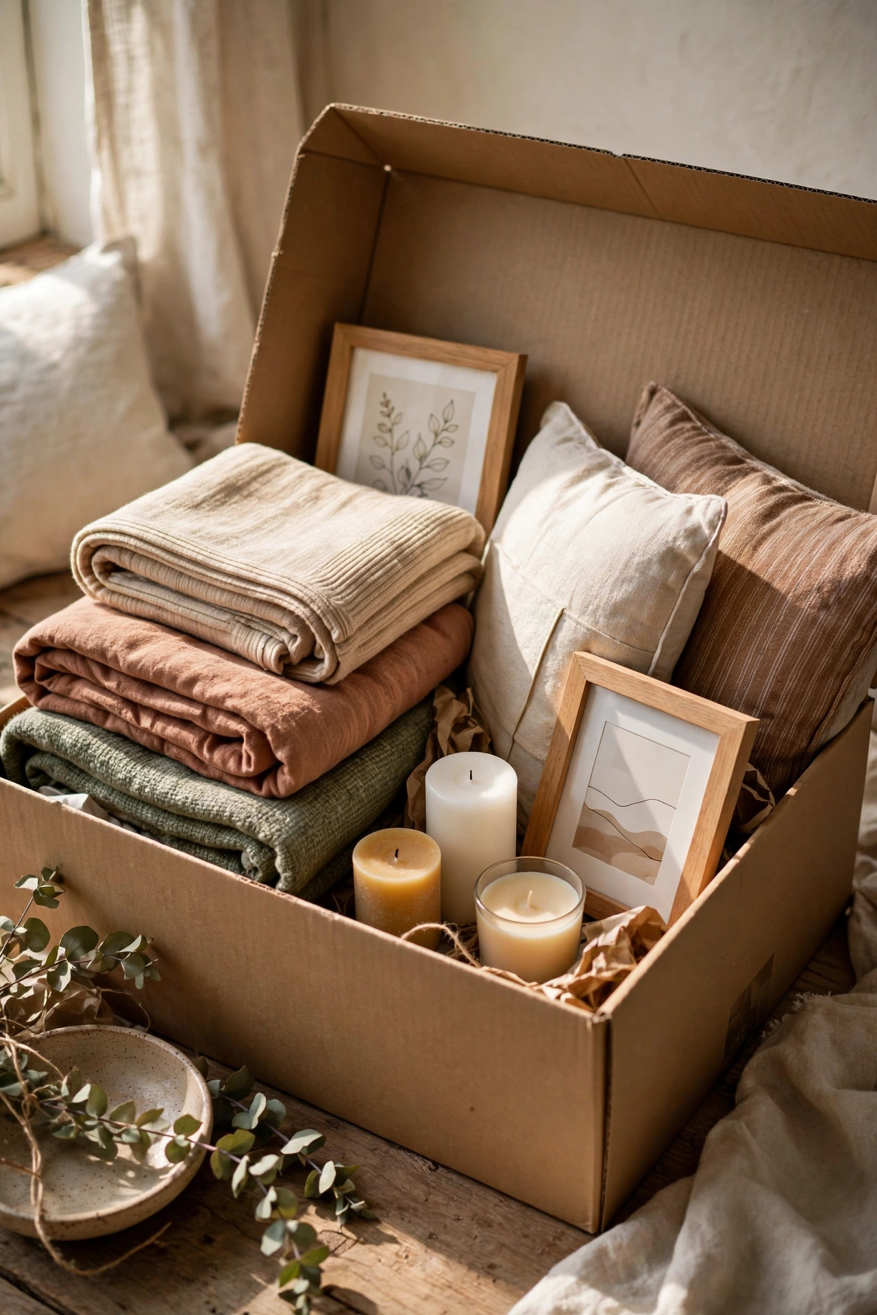 Open moving box with folded throws, pillow covers and candles, the styling kit