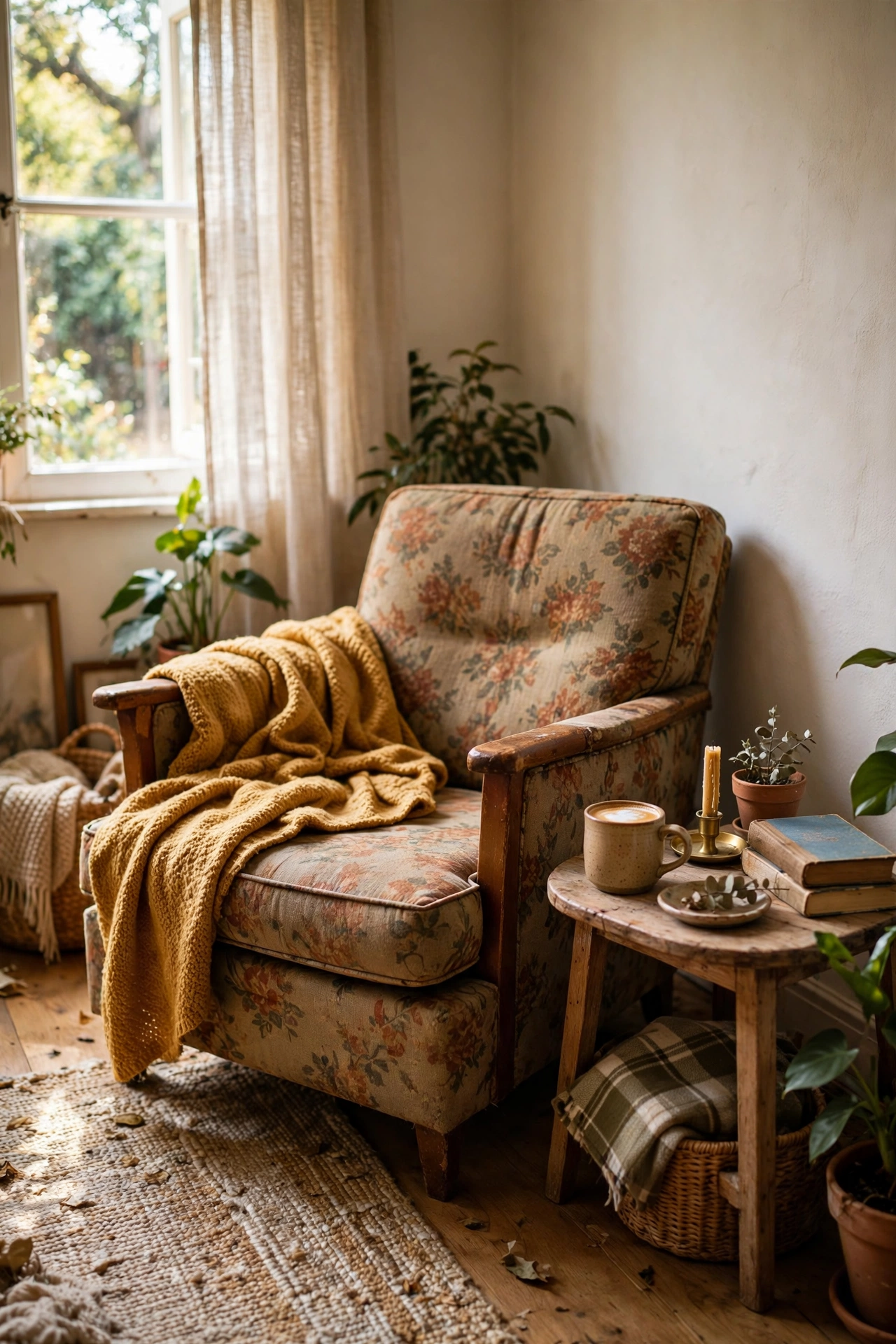 Thrifted armchair angled into a bright corner as a reading nook