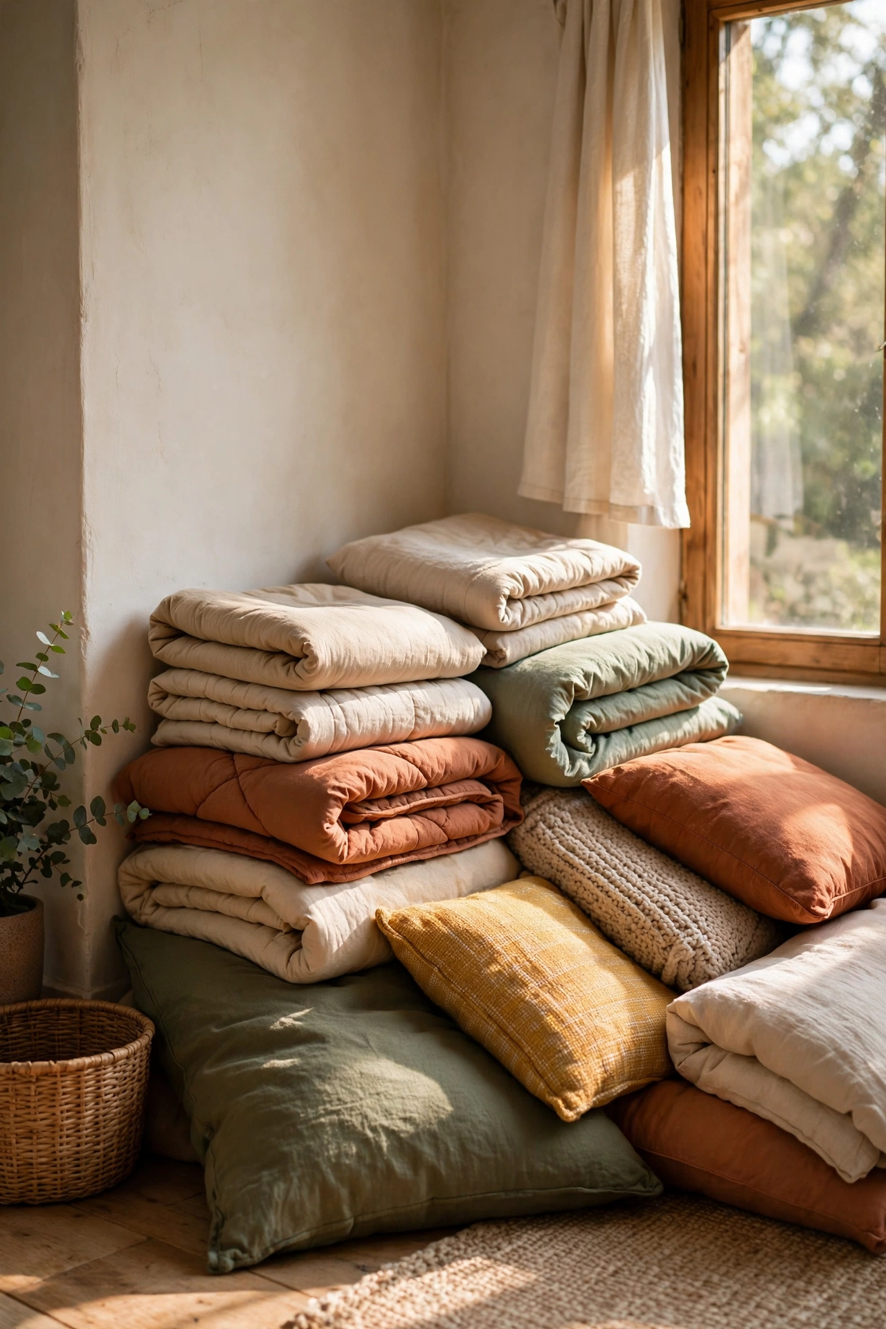 Nest of floor cushions and folded duvets piled in a sunny corner