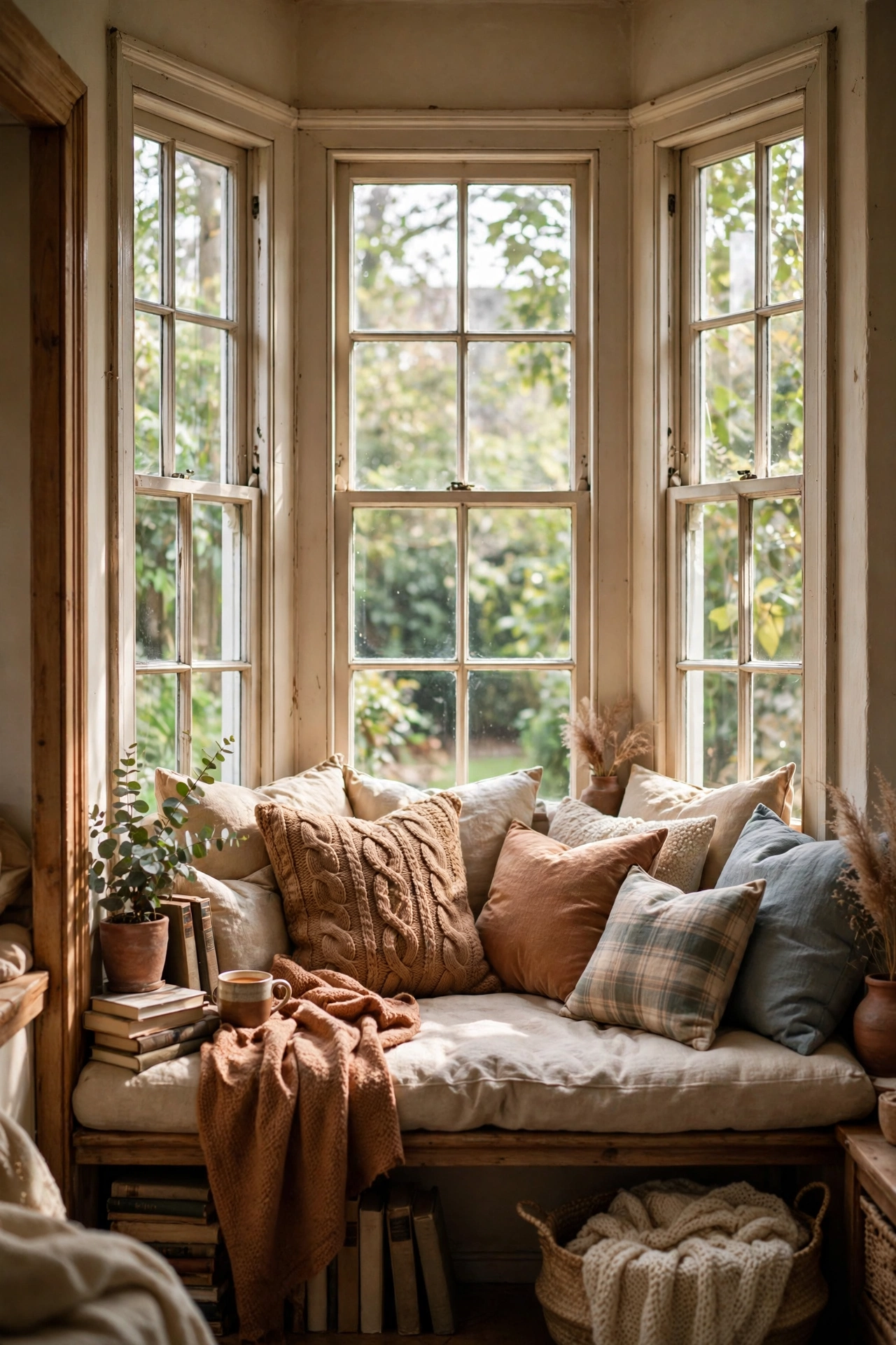 Deep bay windowsill padded with cushions and pillows for reading