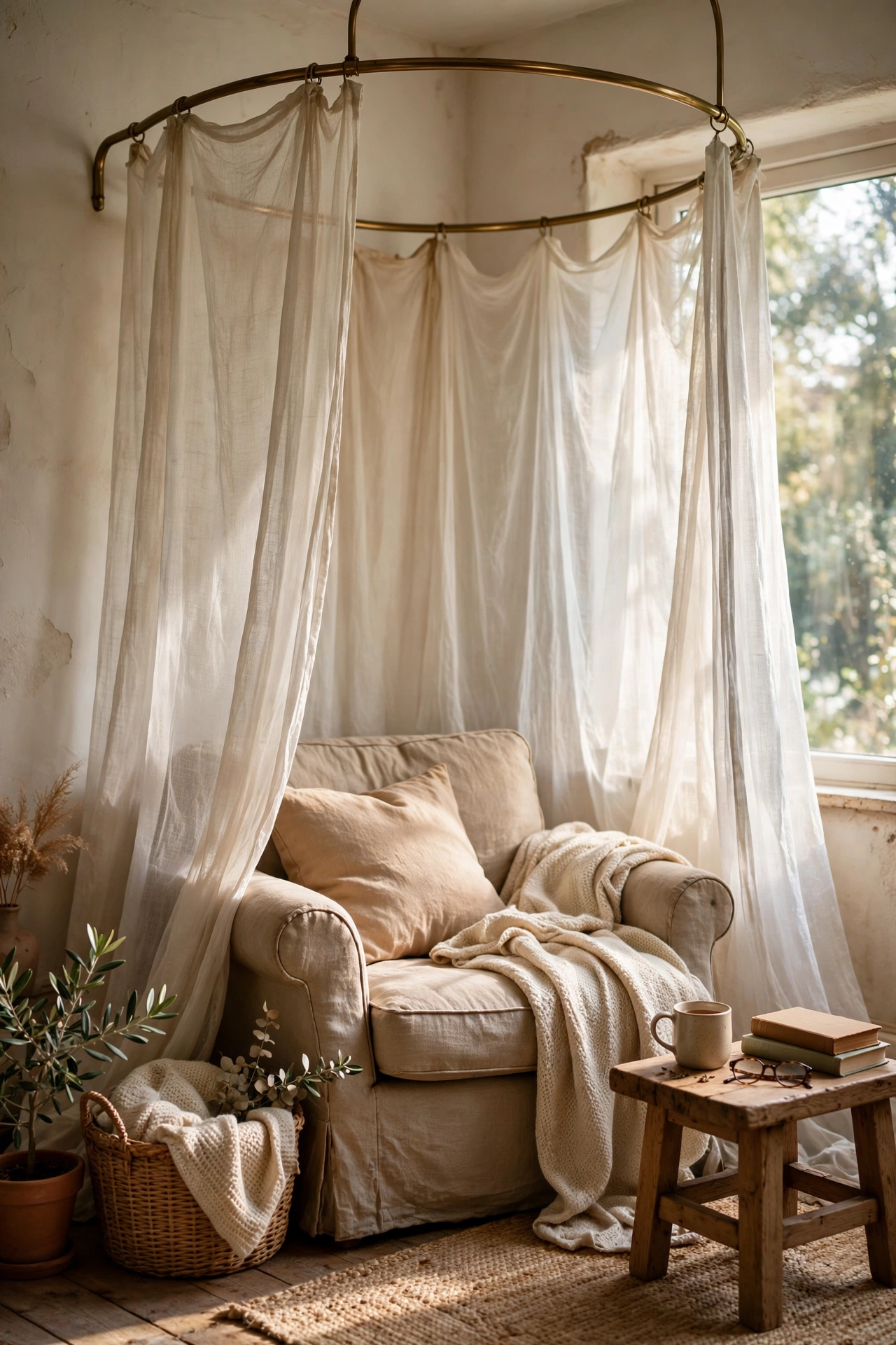 Sheer curtain hung from a curved rod creating a canopy around a chair