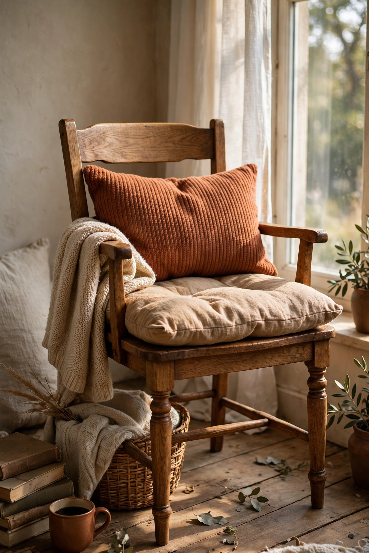 Wooden dining chair with thick cushions styled as a reading seat