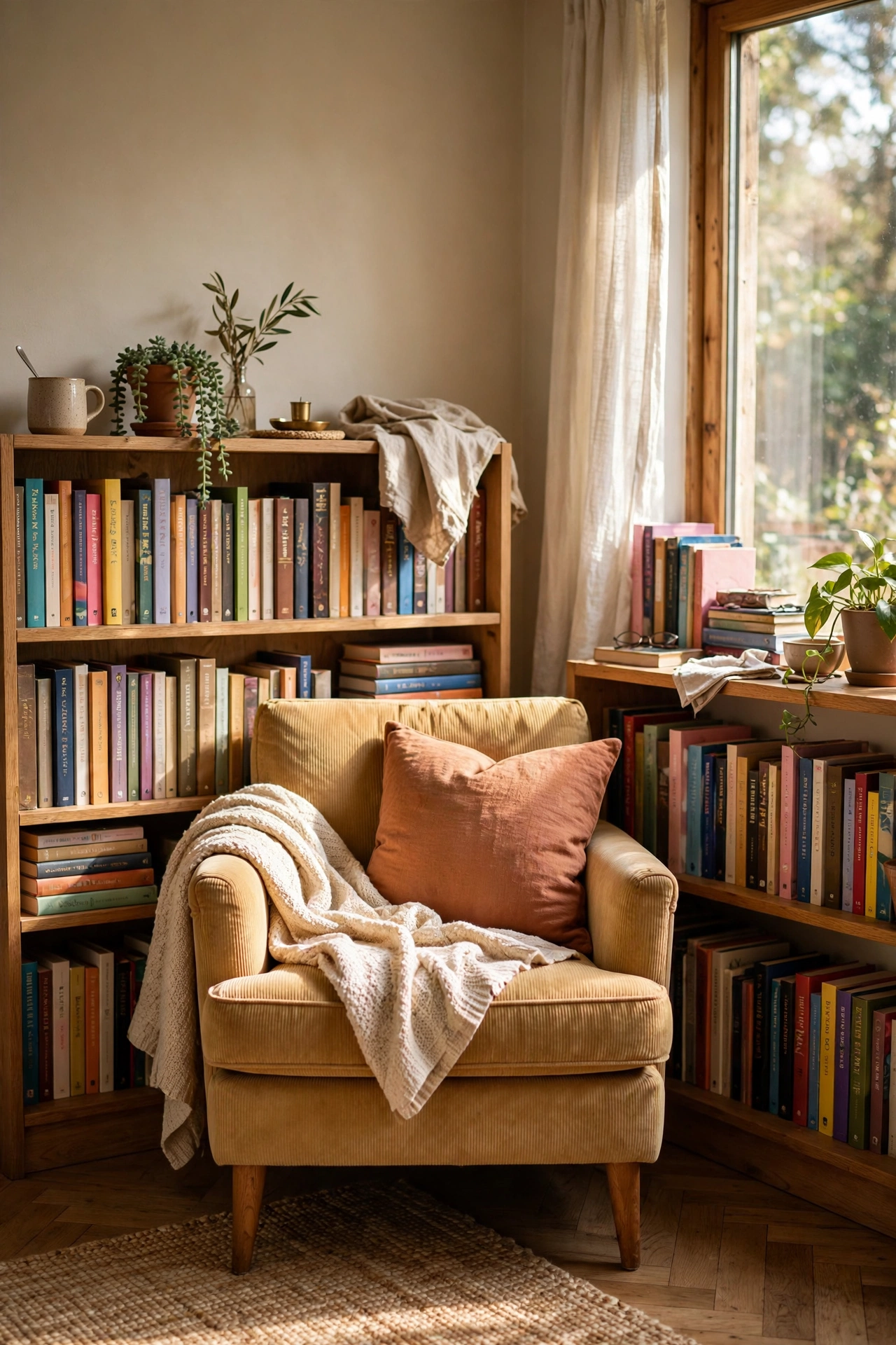 Reading chair tucked between two low bookcases full of books