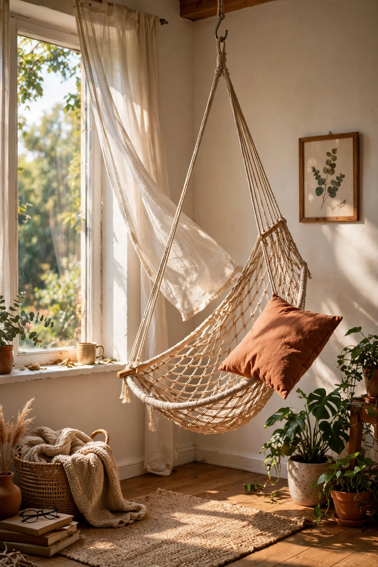 Hanging hammock chair with a pillow in a living room corner