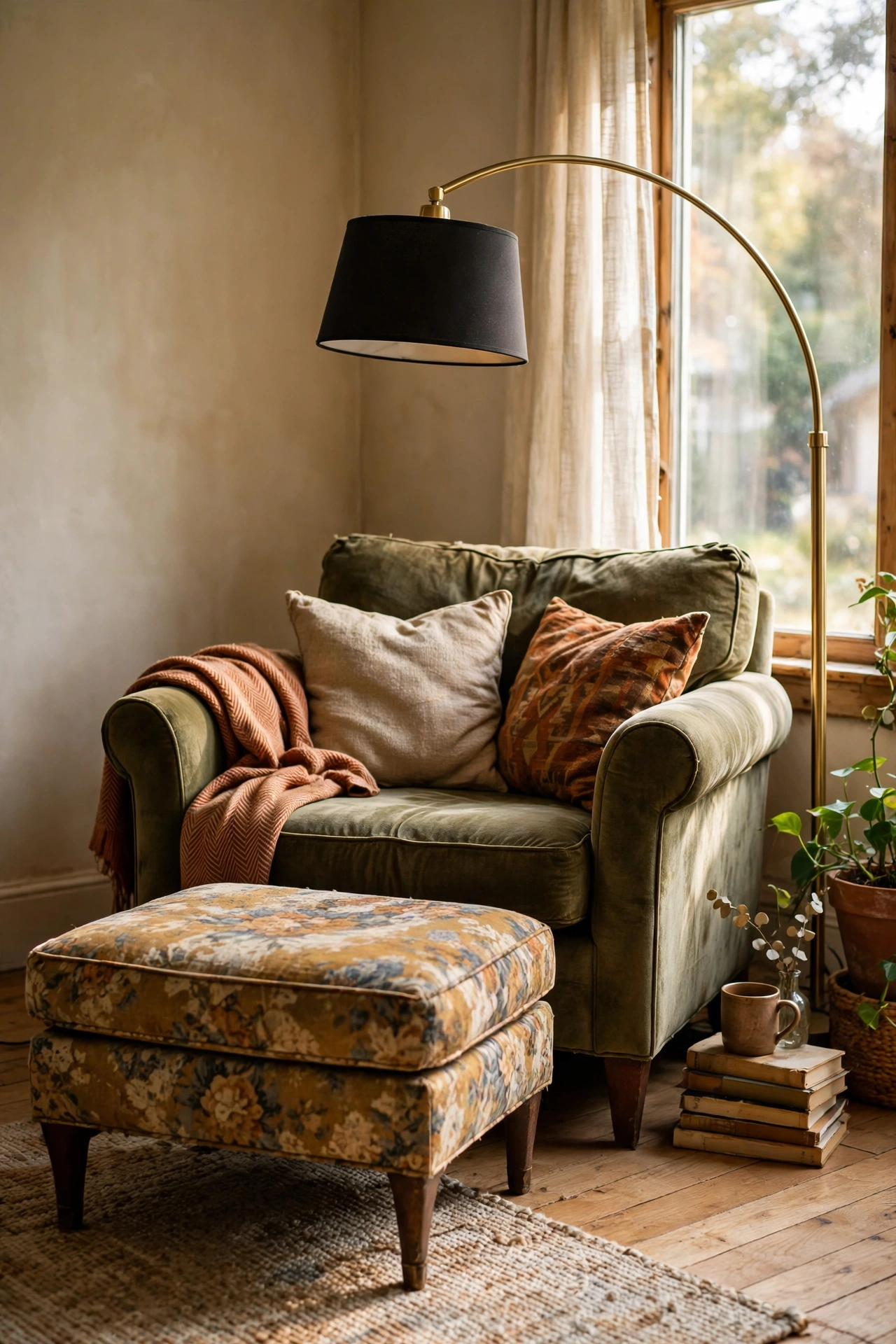 Armchair with ottoman and floor lamp arcing over the shoulder