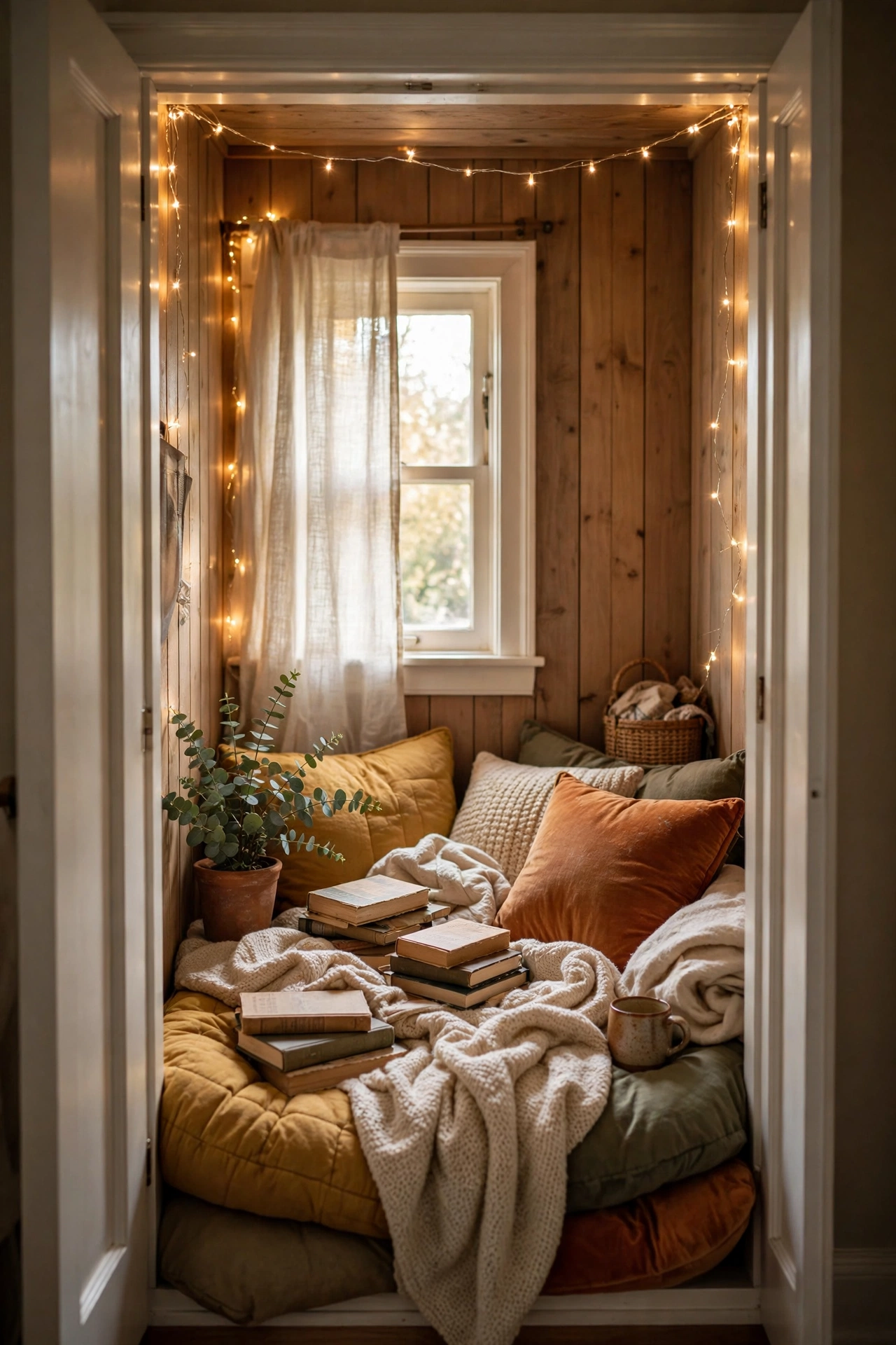 Small closet converted into a cosy reading nook with fairy lights