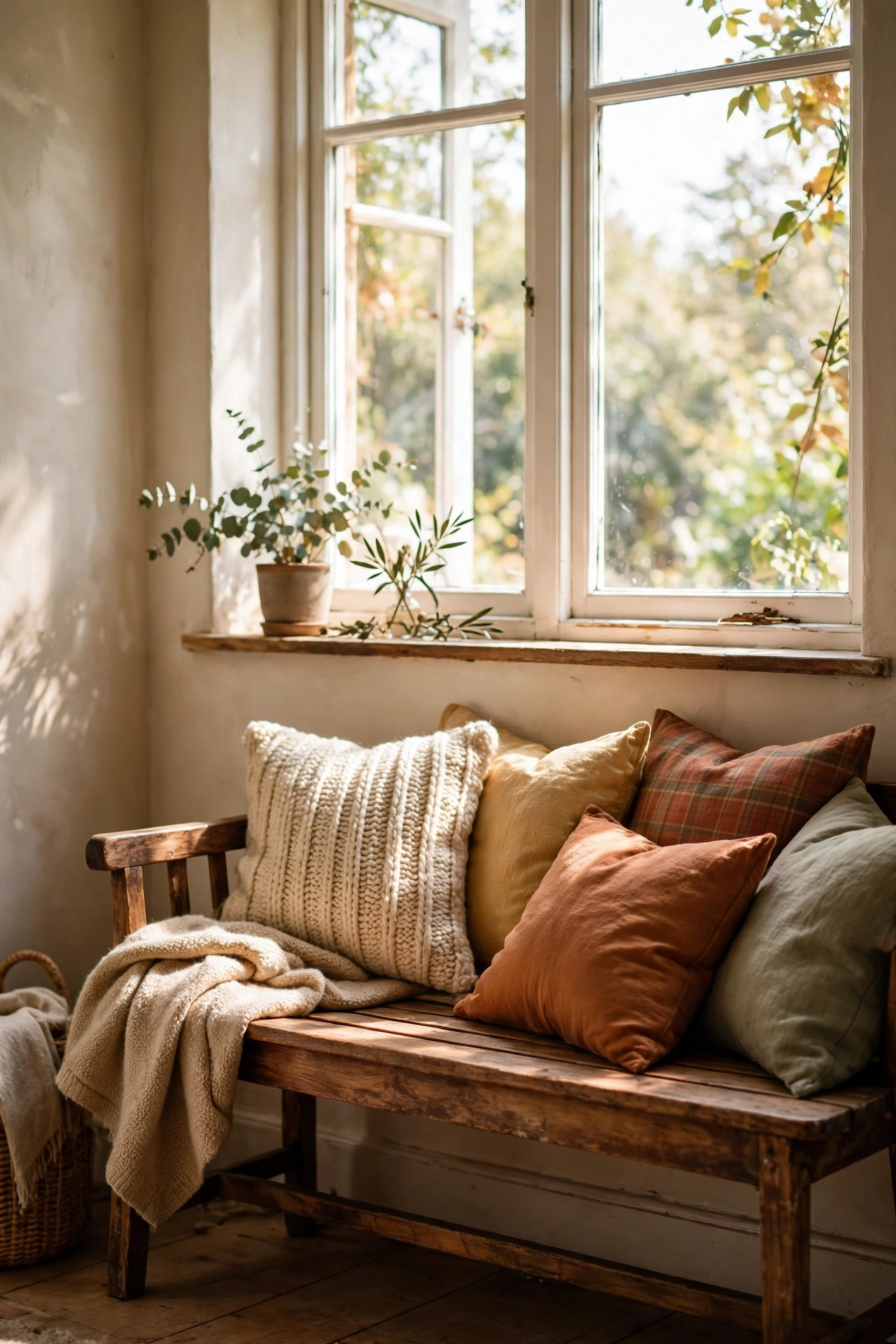 Wooden bench under a window with cushions and pillows, a nook with a view