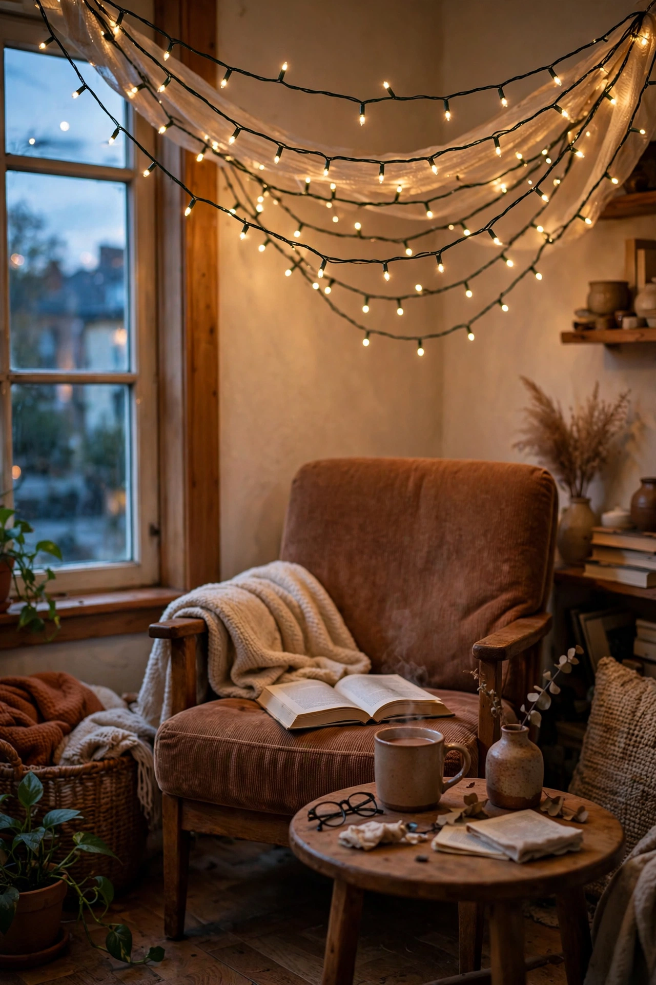 Warm fairy lights draped in a canopy above a reading chair at dusk