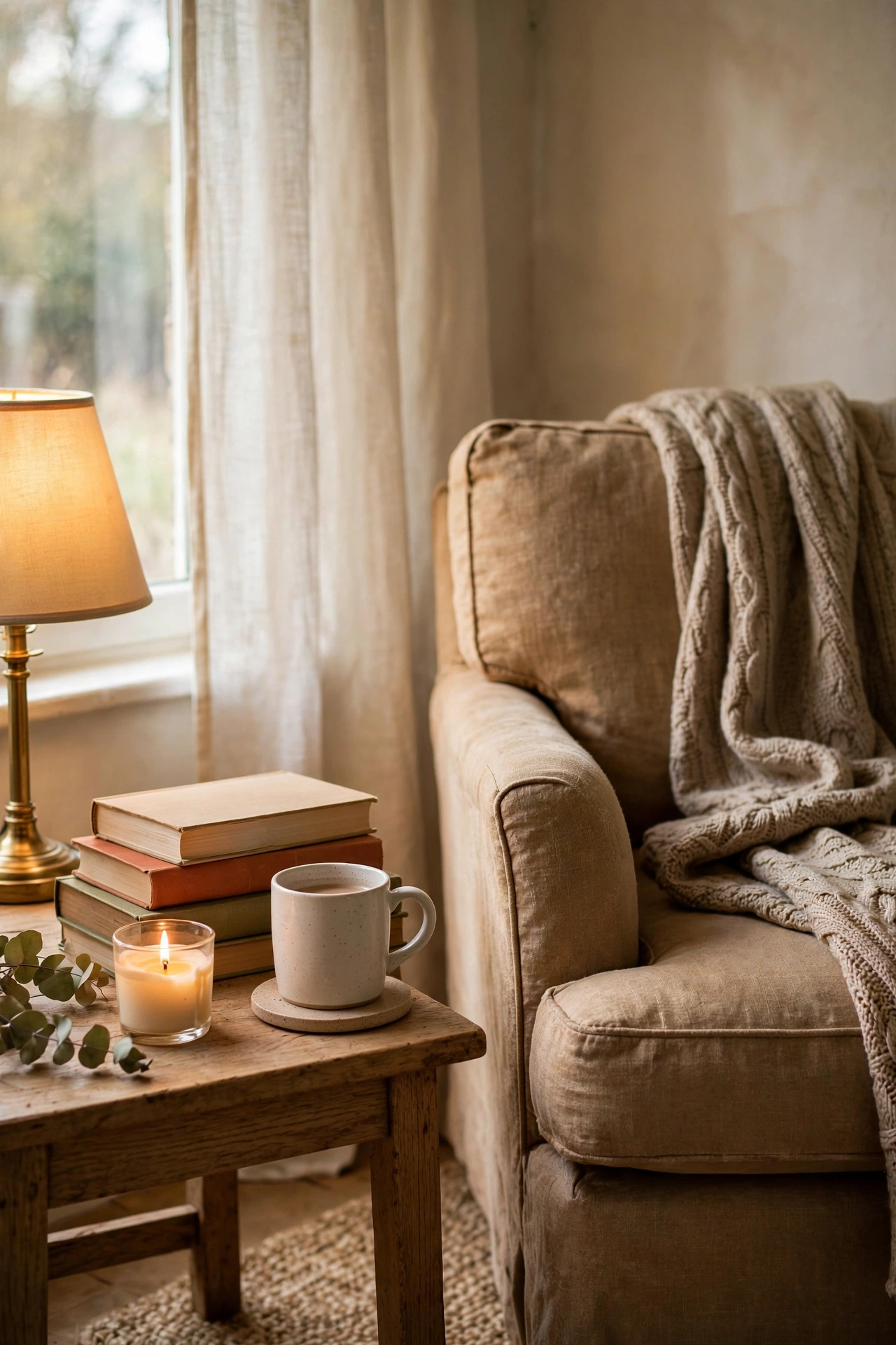 Reader's side table with lamp, coaster, book stack and lit candle