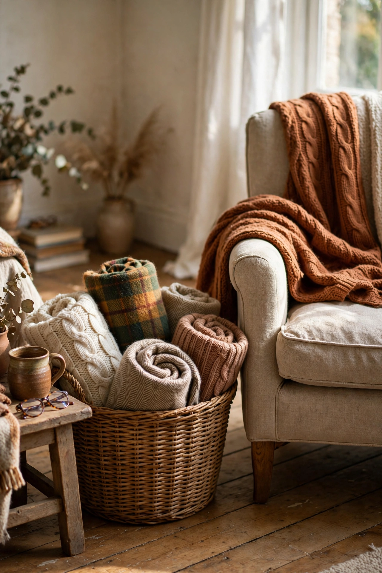 Basket of rolled seasonal throws beside a reading chair