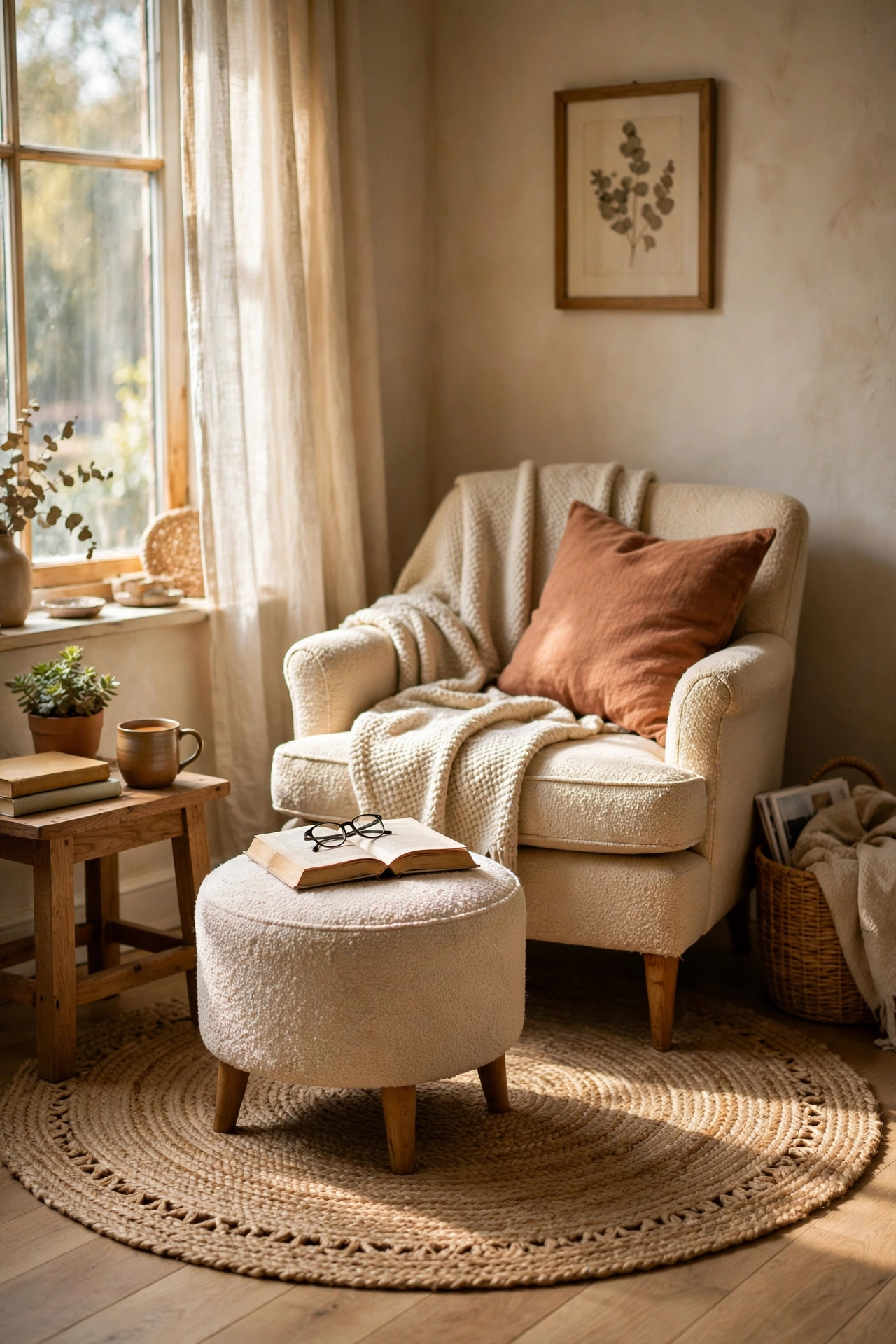 Round jute rug under a reading chair and ottoman defining the nook