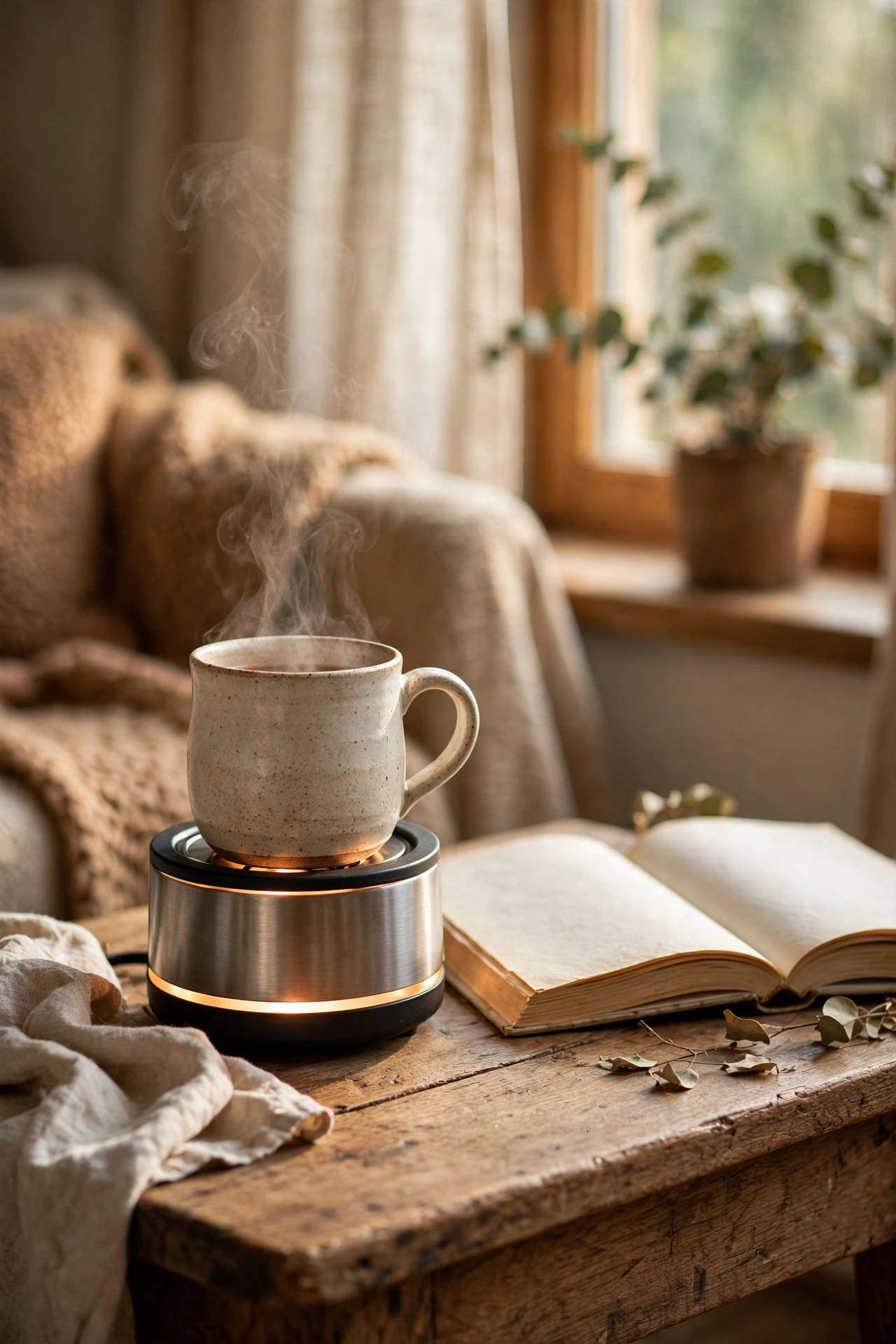 Mug warmer with a steaming mug on a side table beside a book