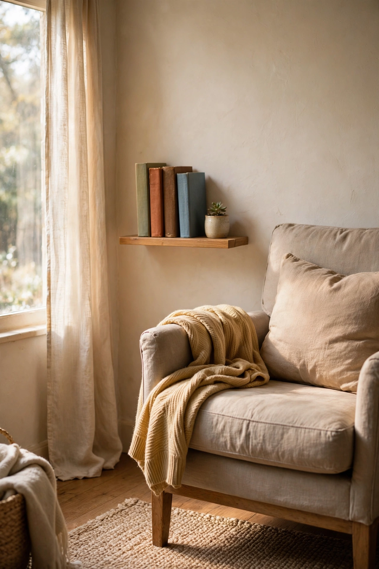Small floating shelf beside a reading chair holding books and a plant