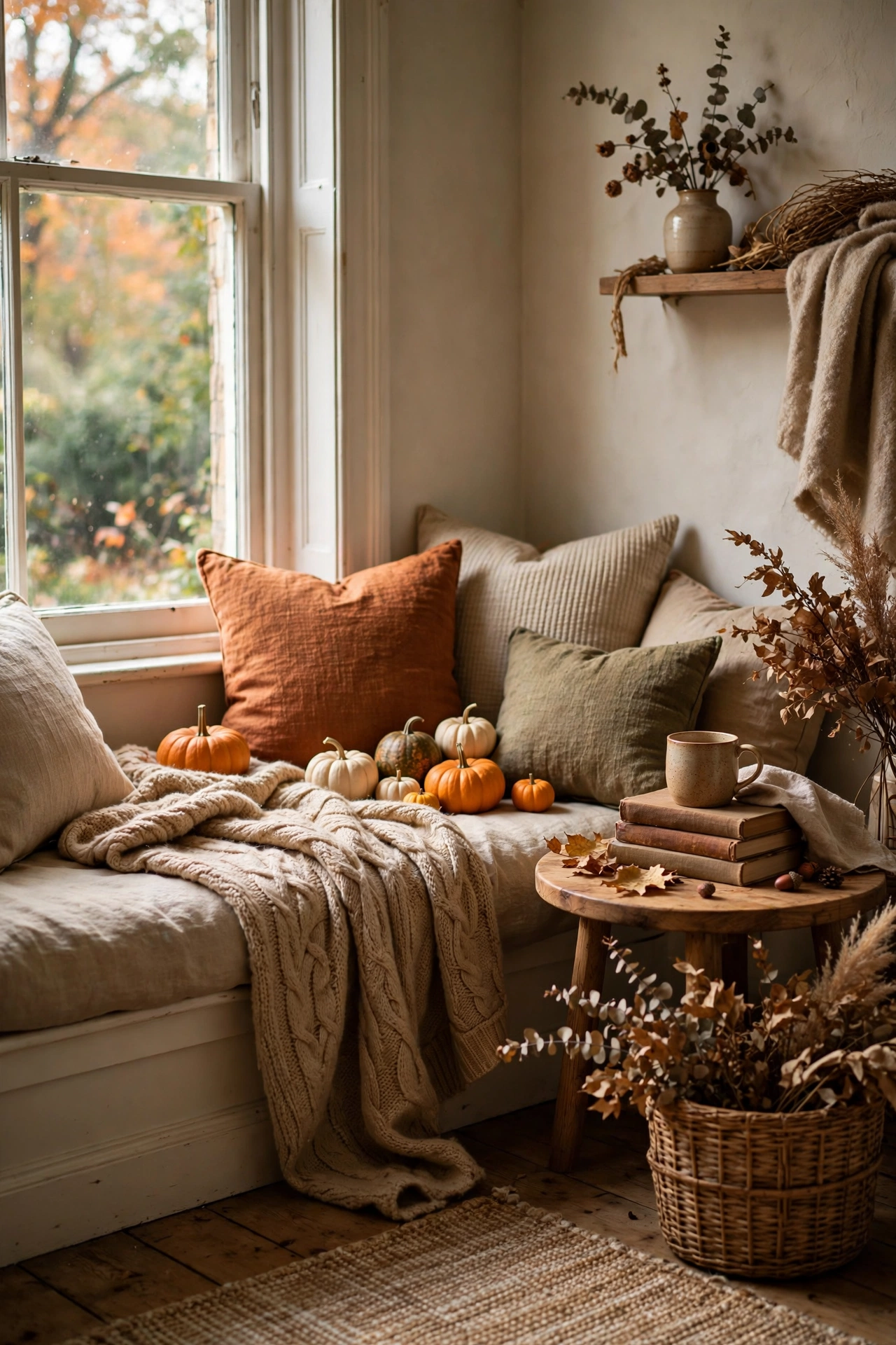 Reading nook refreshed with autumn textures, pumpkins and a wool throw