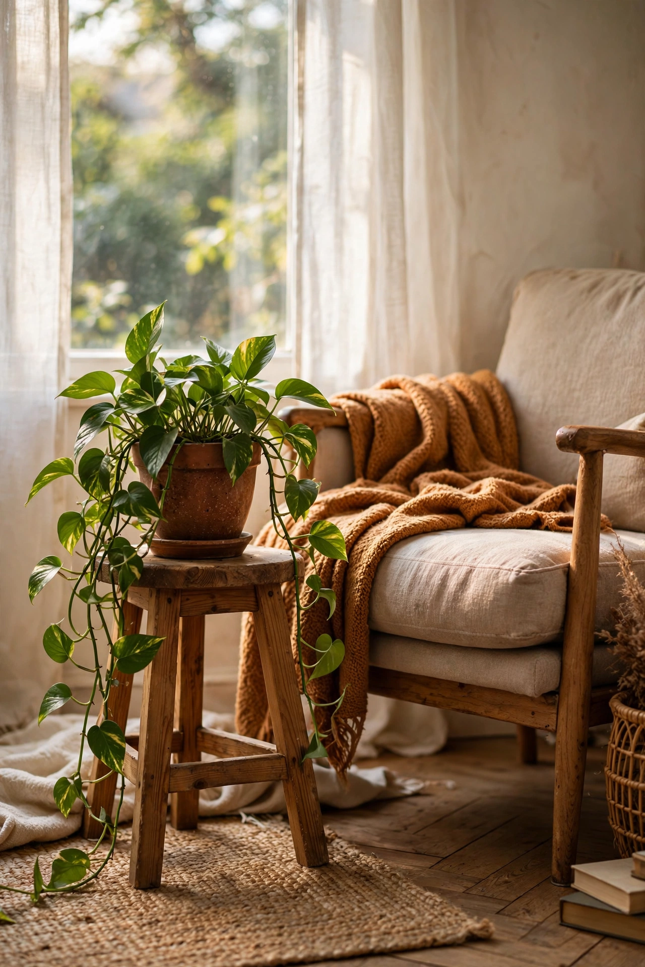 Trailing pothos plant on a stool beside a reading chair