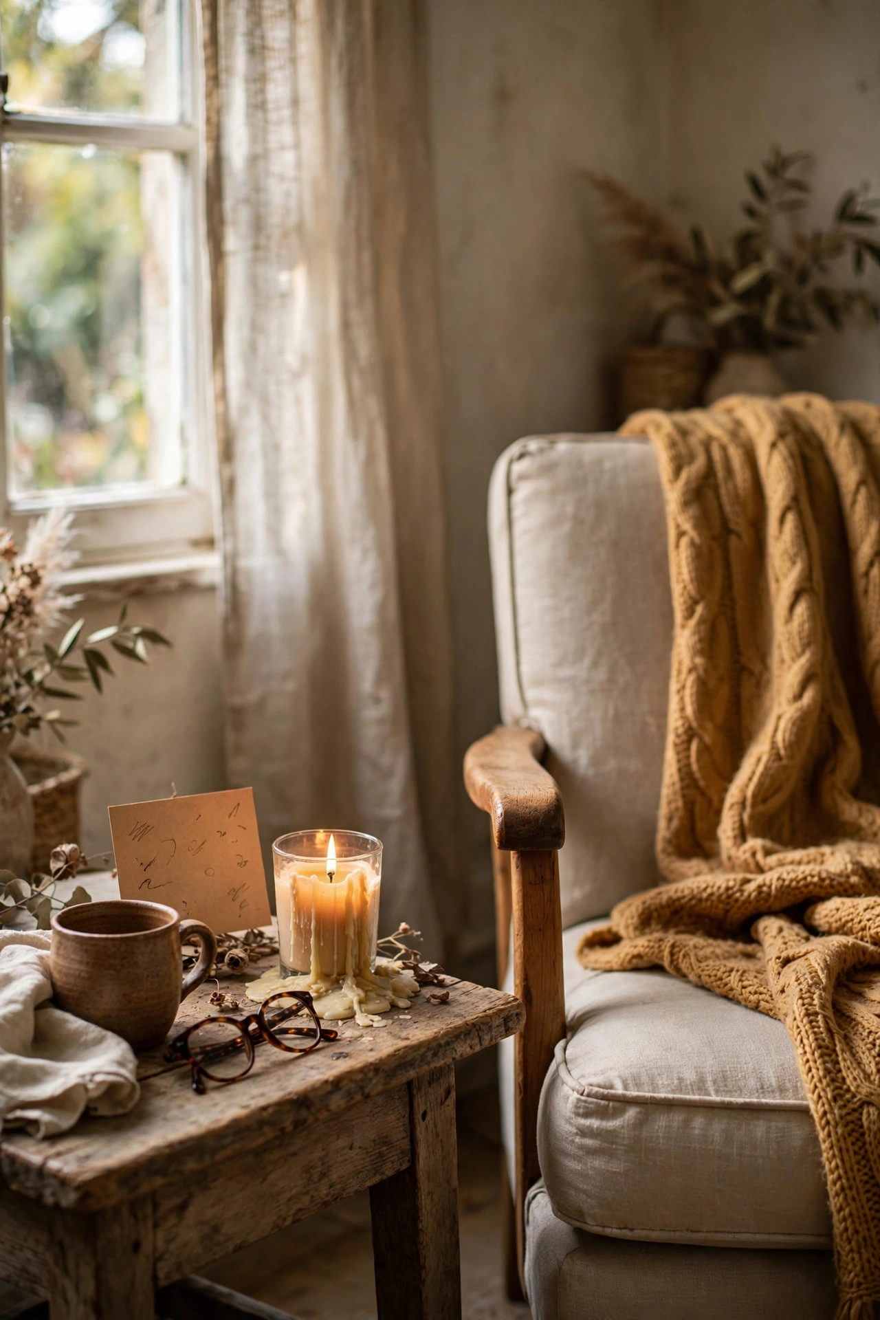 Lit candle on a side table with a small gone reading sign on the chair