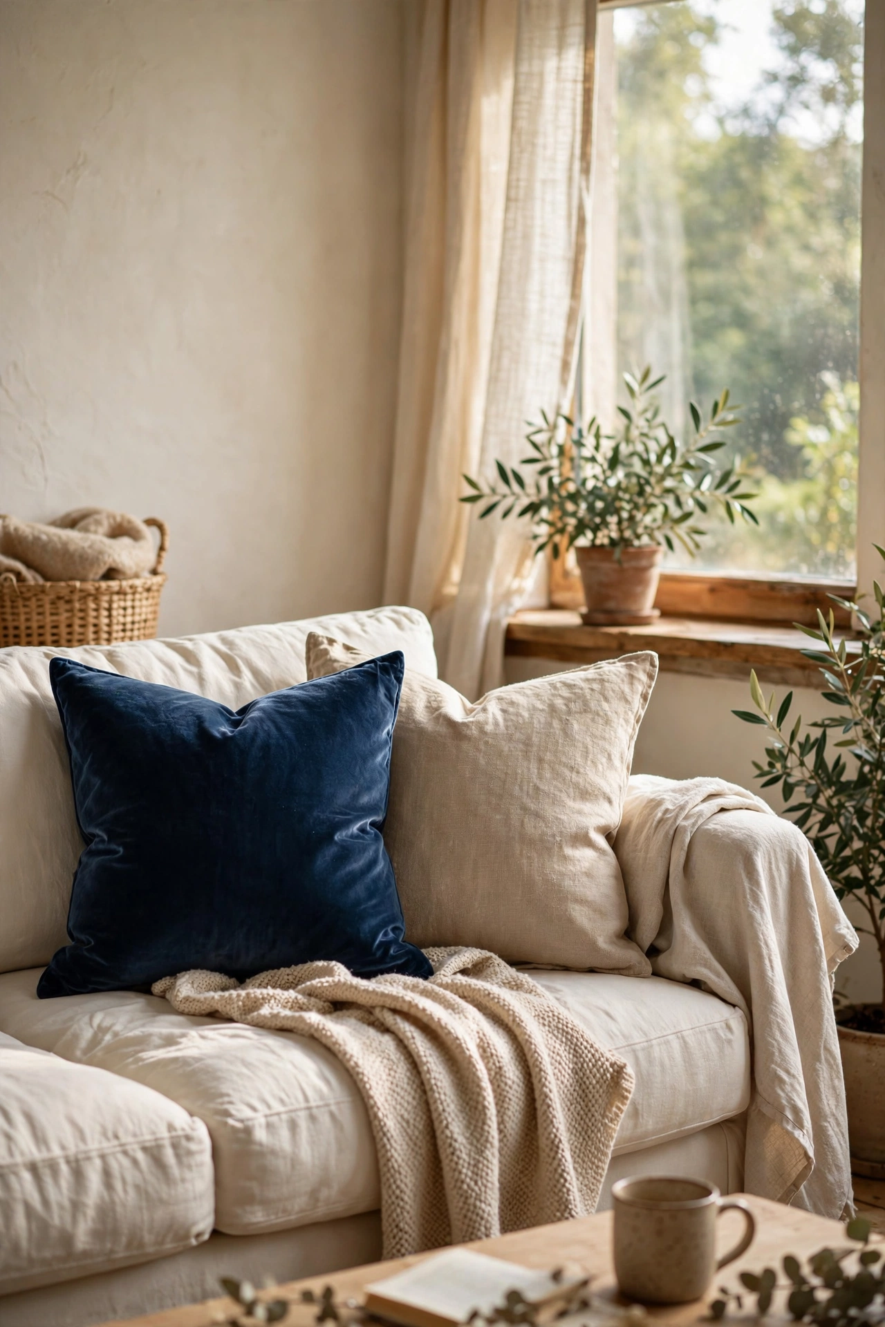 Navy velvet and linen pillow covers in two textures on a cream sofa