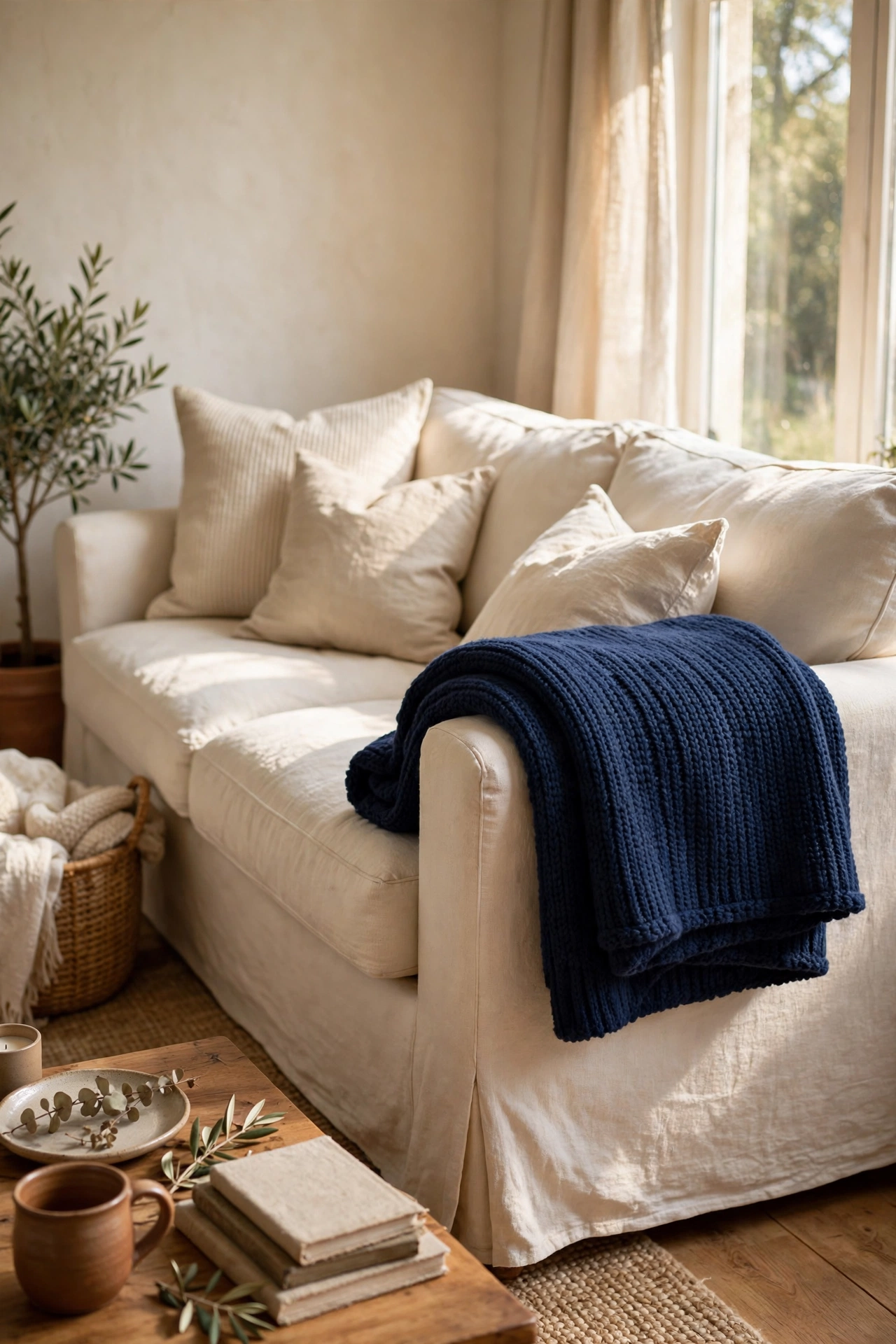 Navy knit throw folded over the arm of a cream sofa