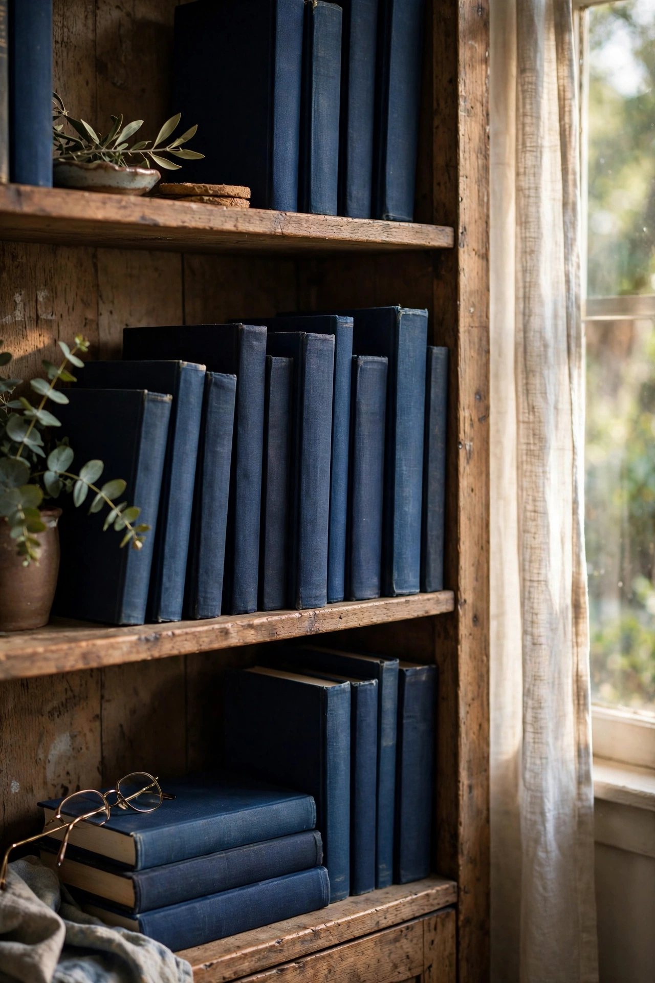 Navy and dark blue books grouped together on a bookshelf