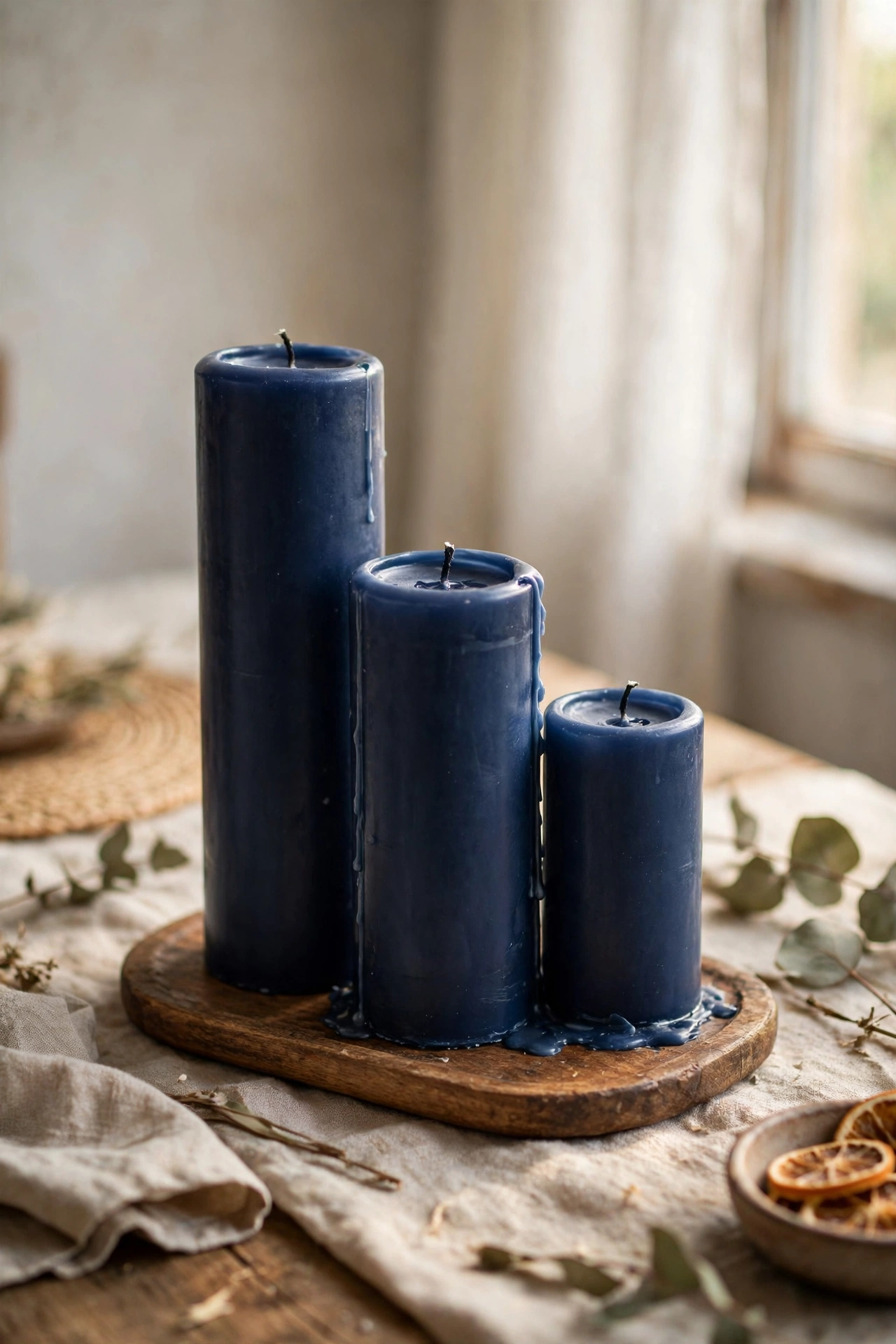 Three navy pillar candles of different heights on a wooden tray