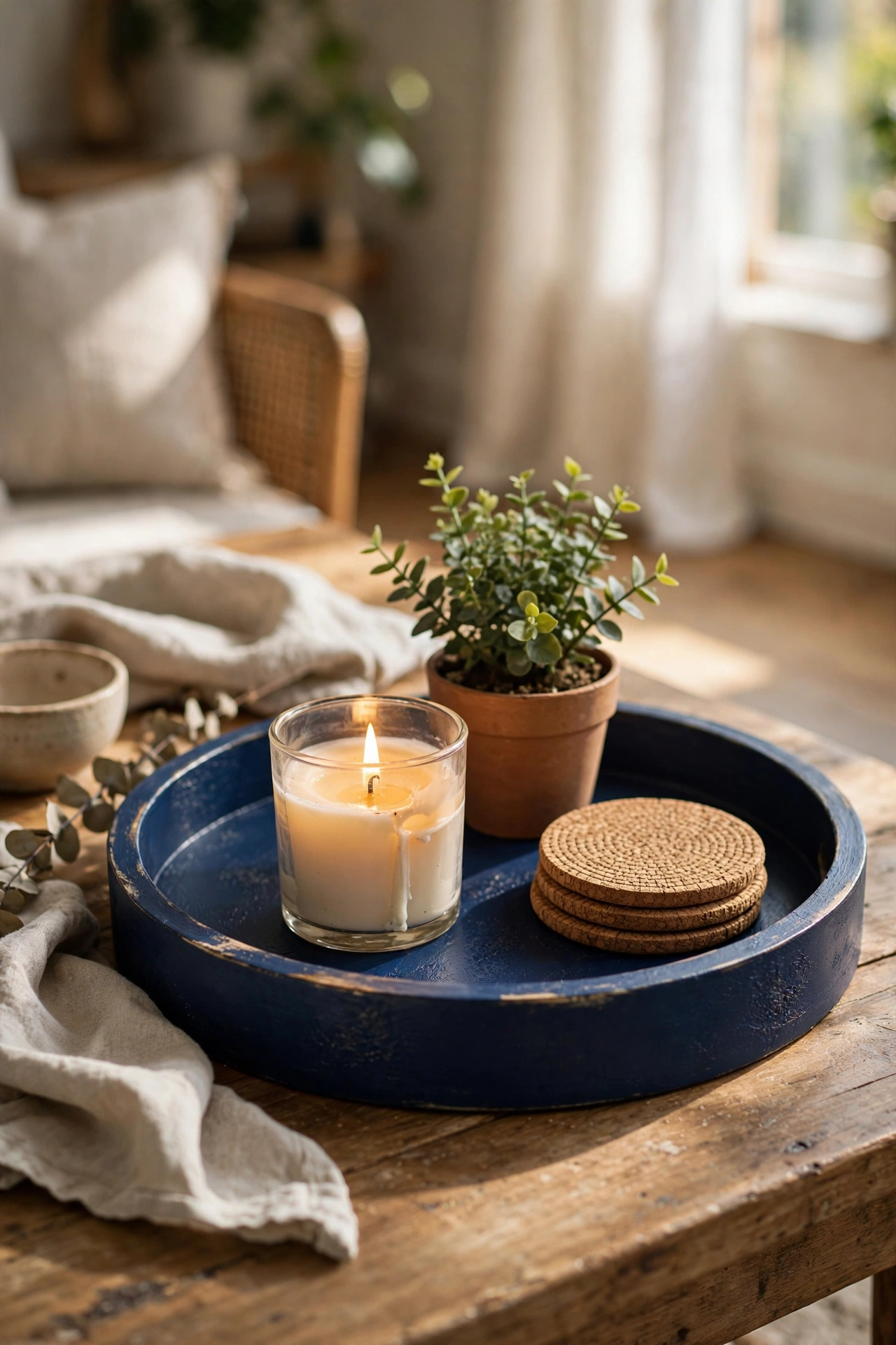 Wooden tray spray painted navy styled with candle, plant and coasters