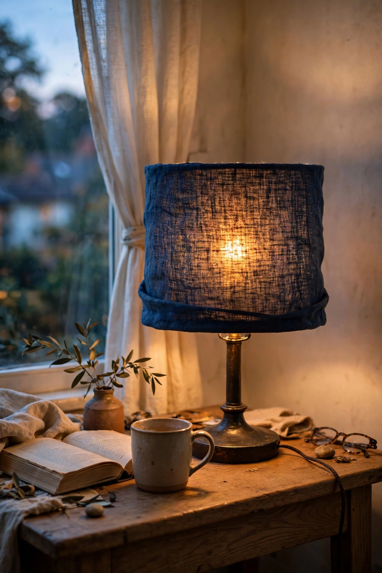 Lampshade wrapped in navy linen fabric glowing warmly