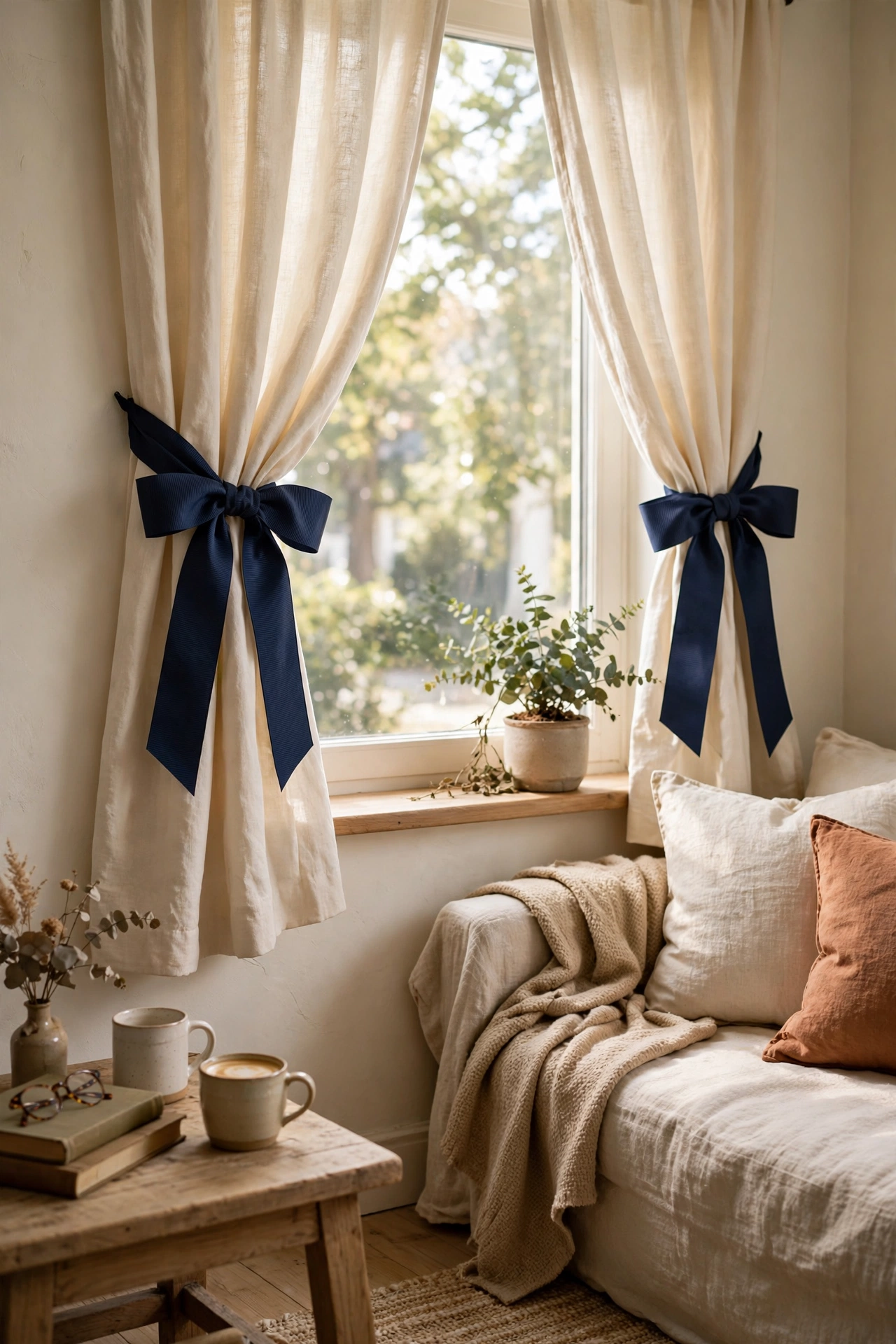 Curtains tied back with wide navy grosgrain ribbon