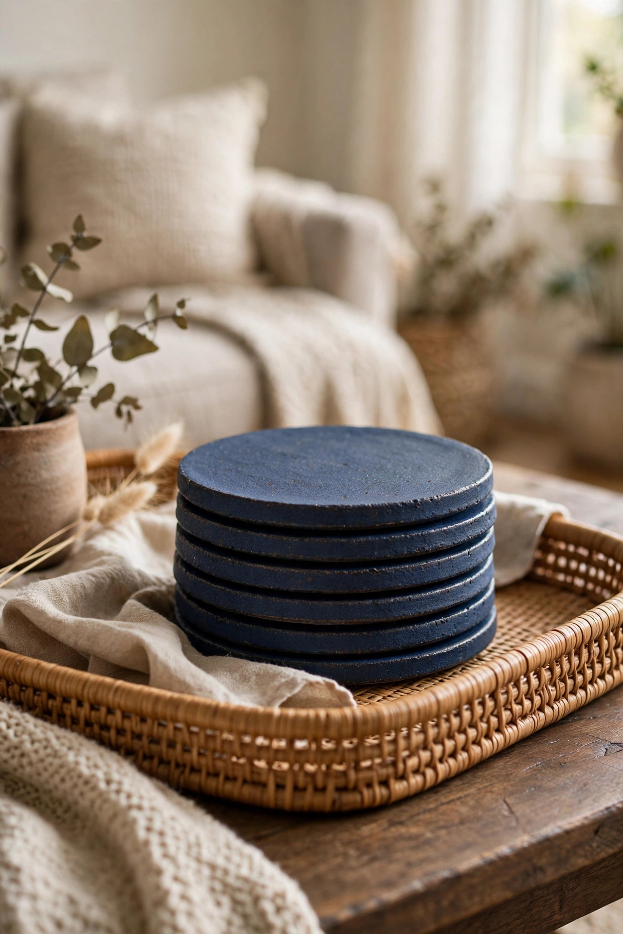 Navy ceramic coasters stacked on a coffee table tray