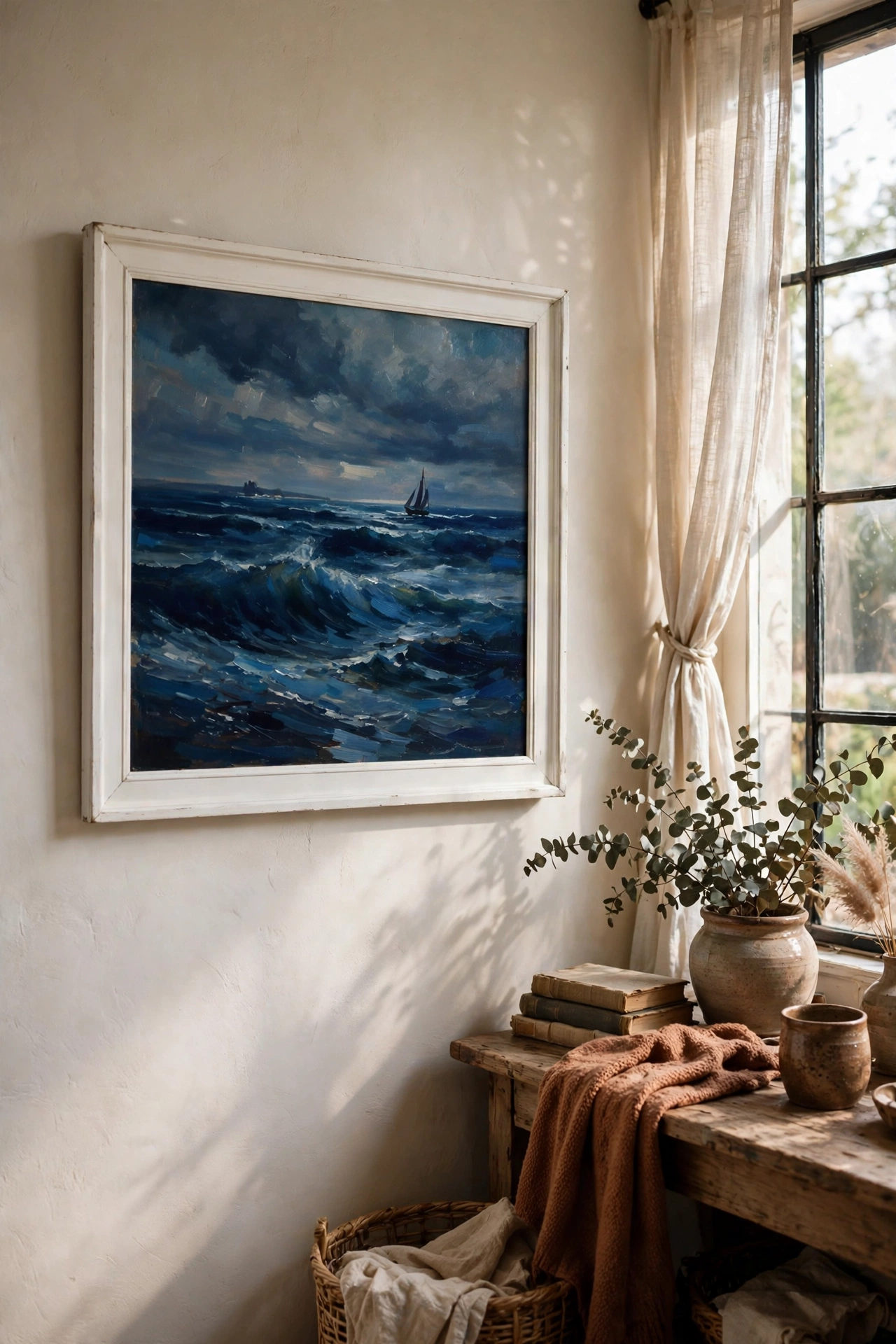 Thrifted seascape art with navy tones in a white frame