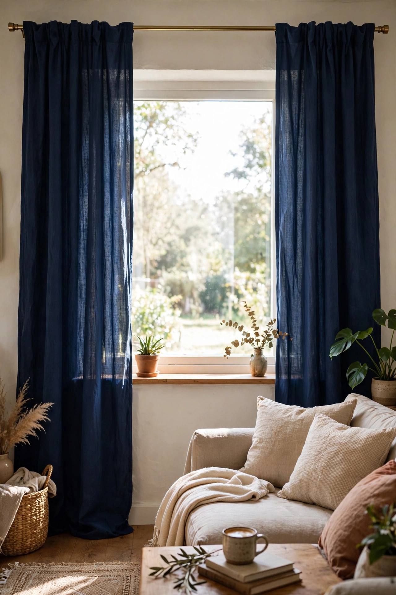 Navy curtain panels hung high and wide framing a bright window
