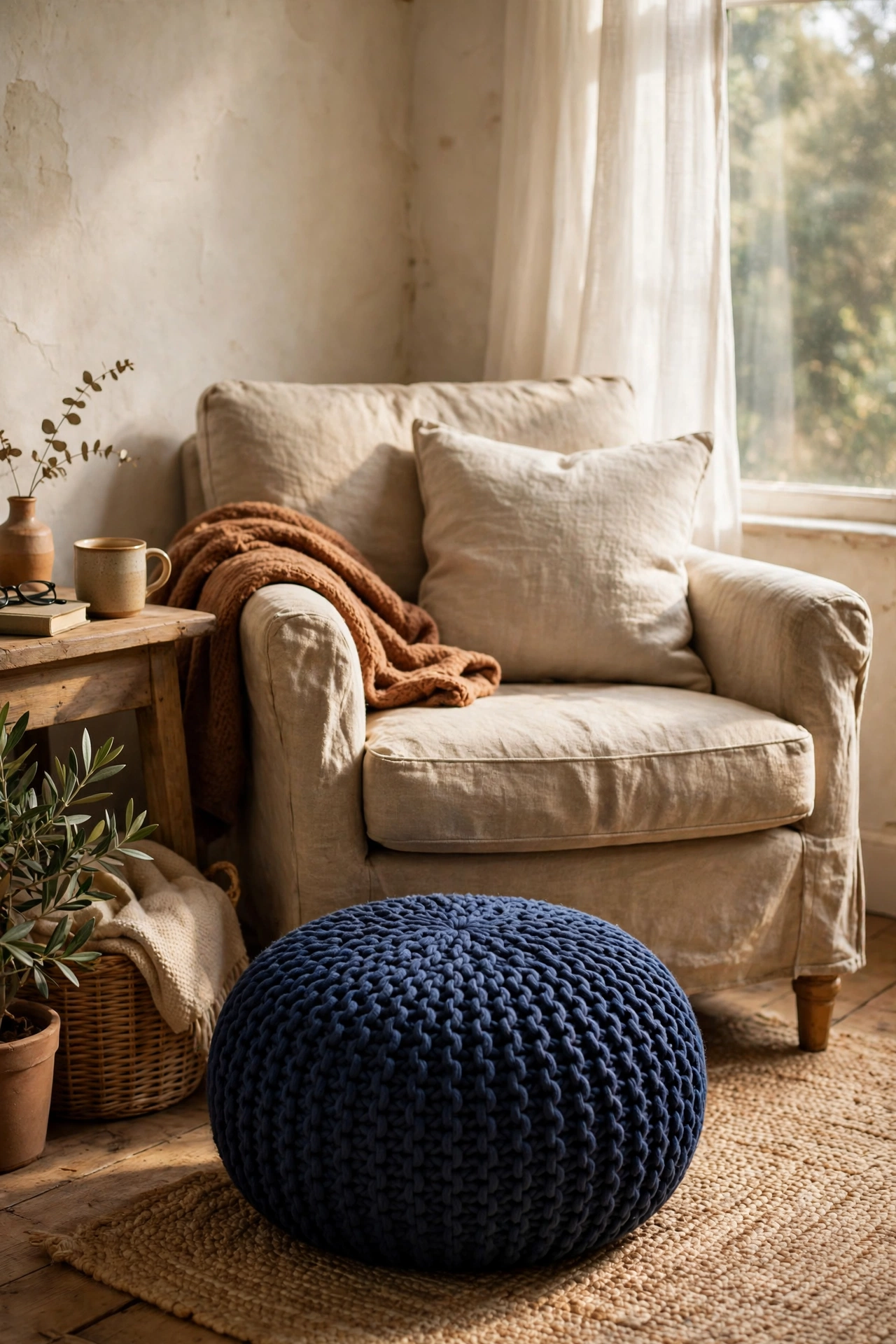Round navy knit pouf in front of a linen armchair