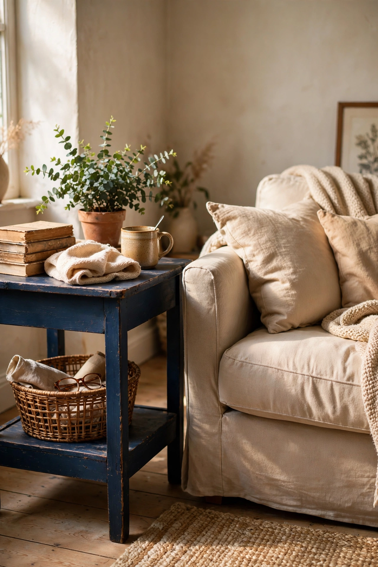 Thrifted wooden side table painted deep navy beside a sofa
