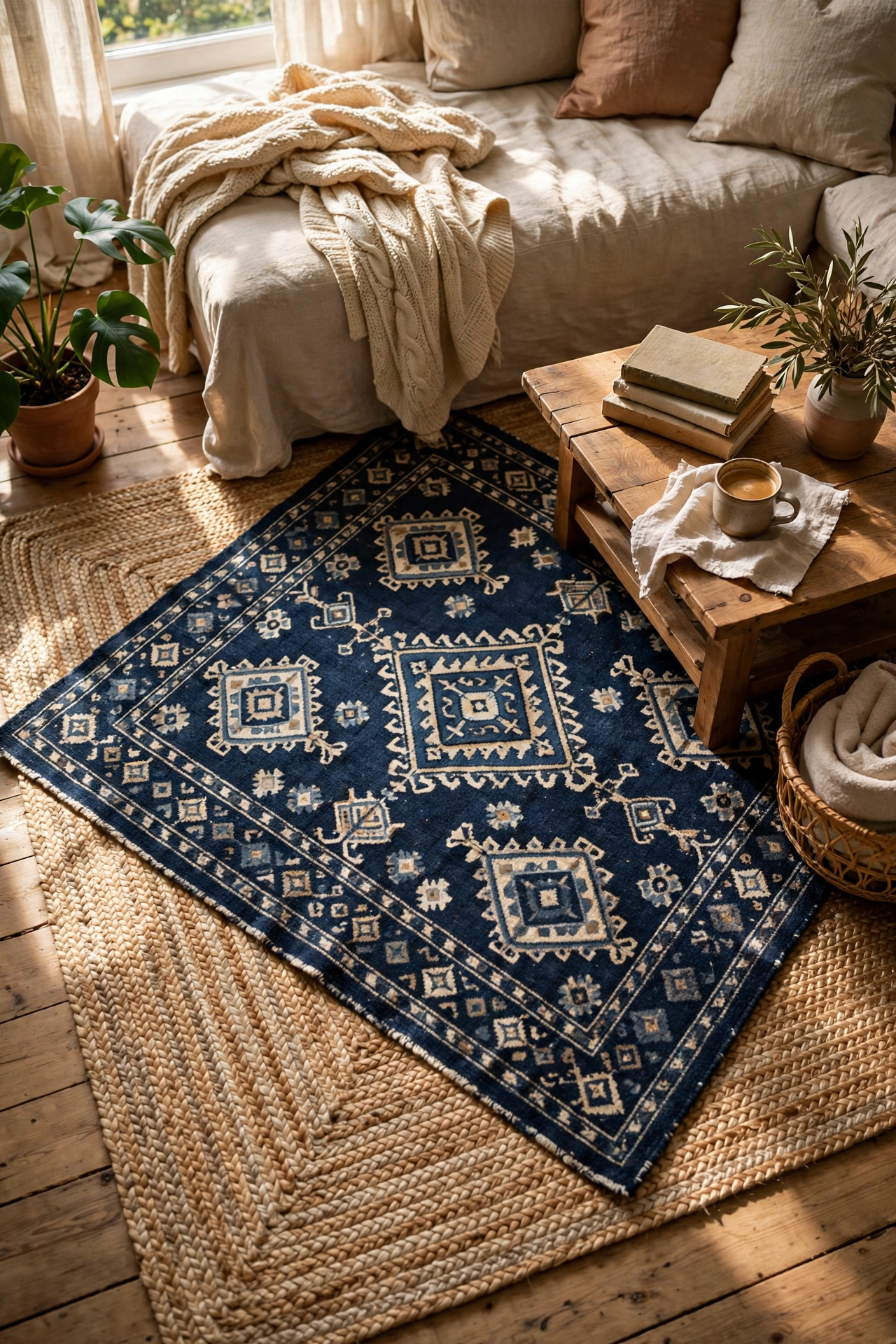 Navy patterned rug layered at an angle over a jute rug