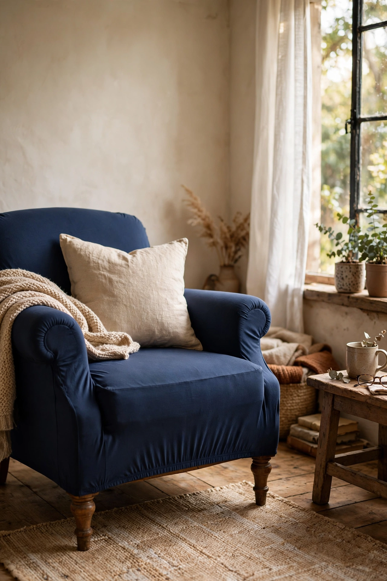 Armchair fitted with a tailored navy stretch slipcover