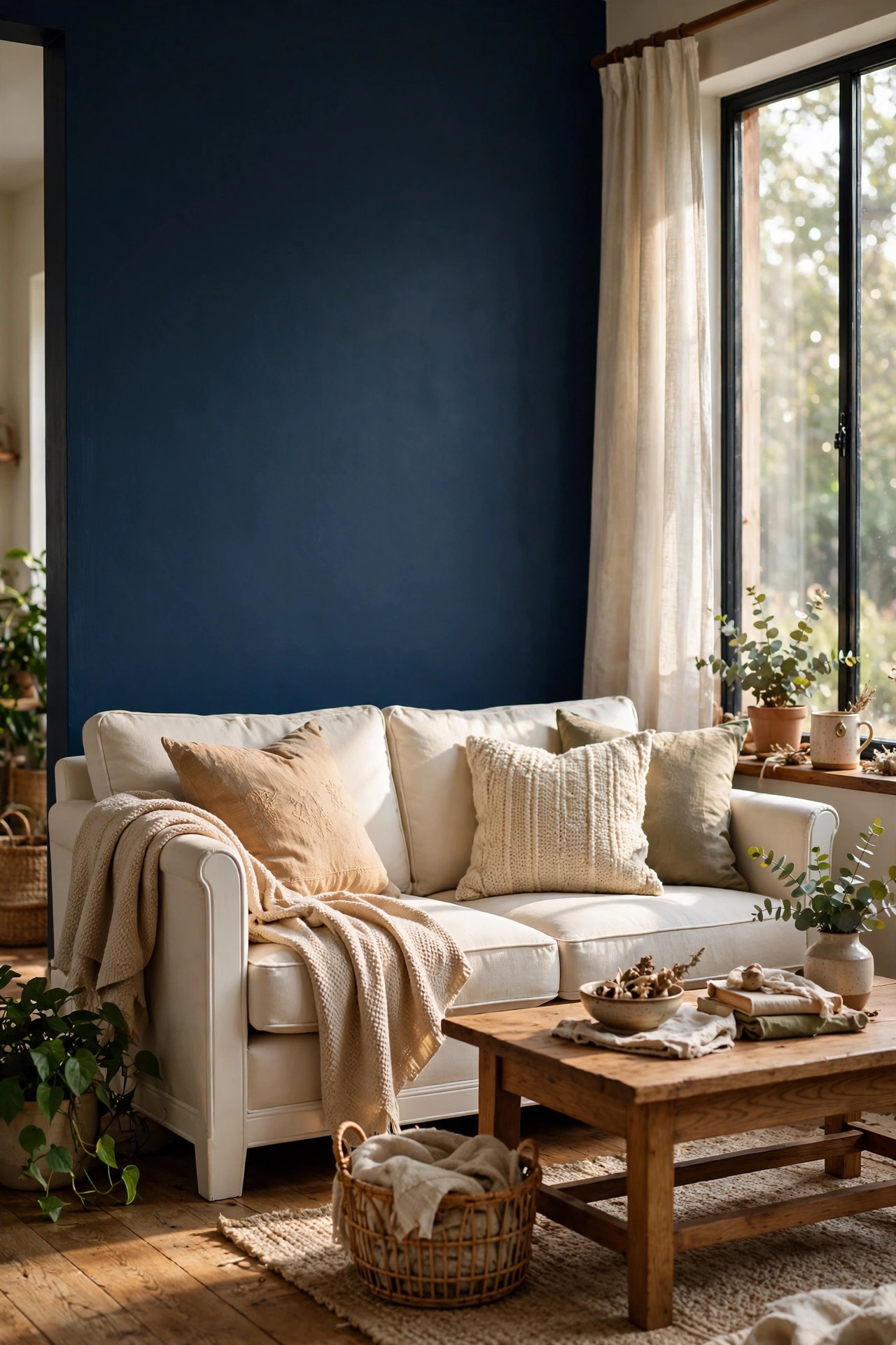 Single navy accent wall behind a cream sofa with white trim