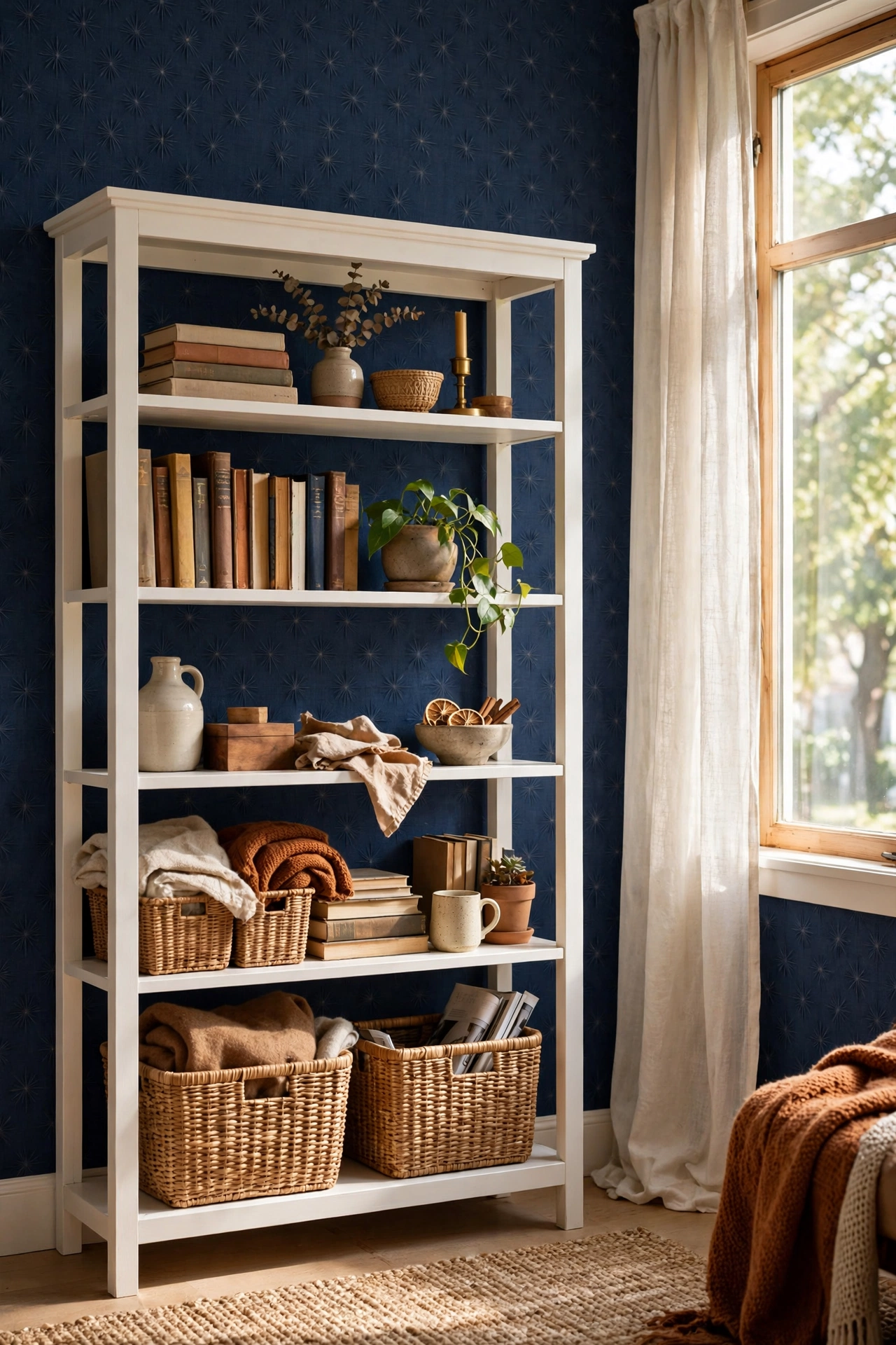 Peel and stick navy wallpaper behind a styled bookcase