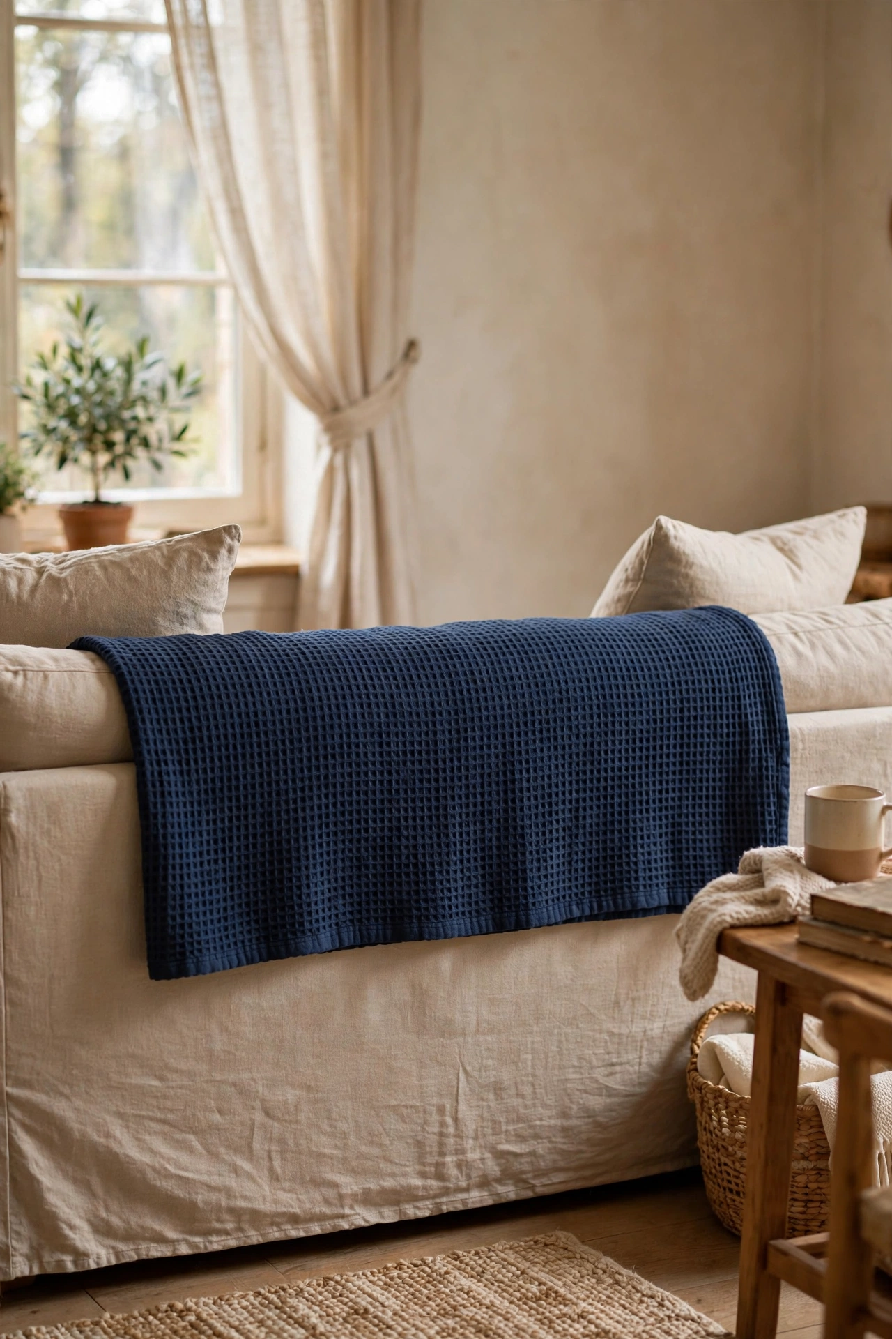Navy waffle weave throw laid across the back of a beige sofa