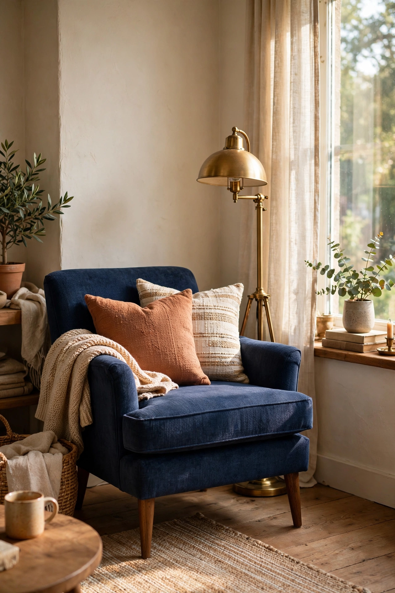 Navy fabric accent chair angled in a corner with a brass floor lamp