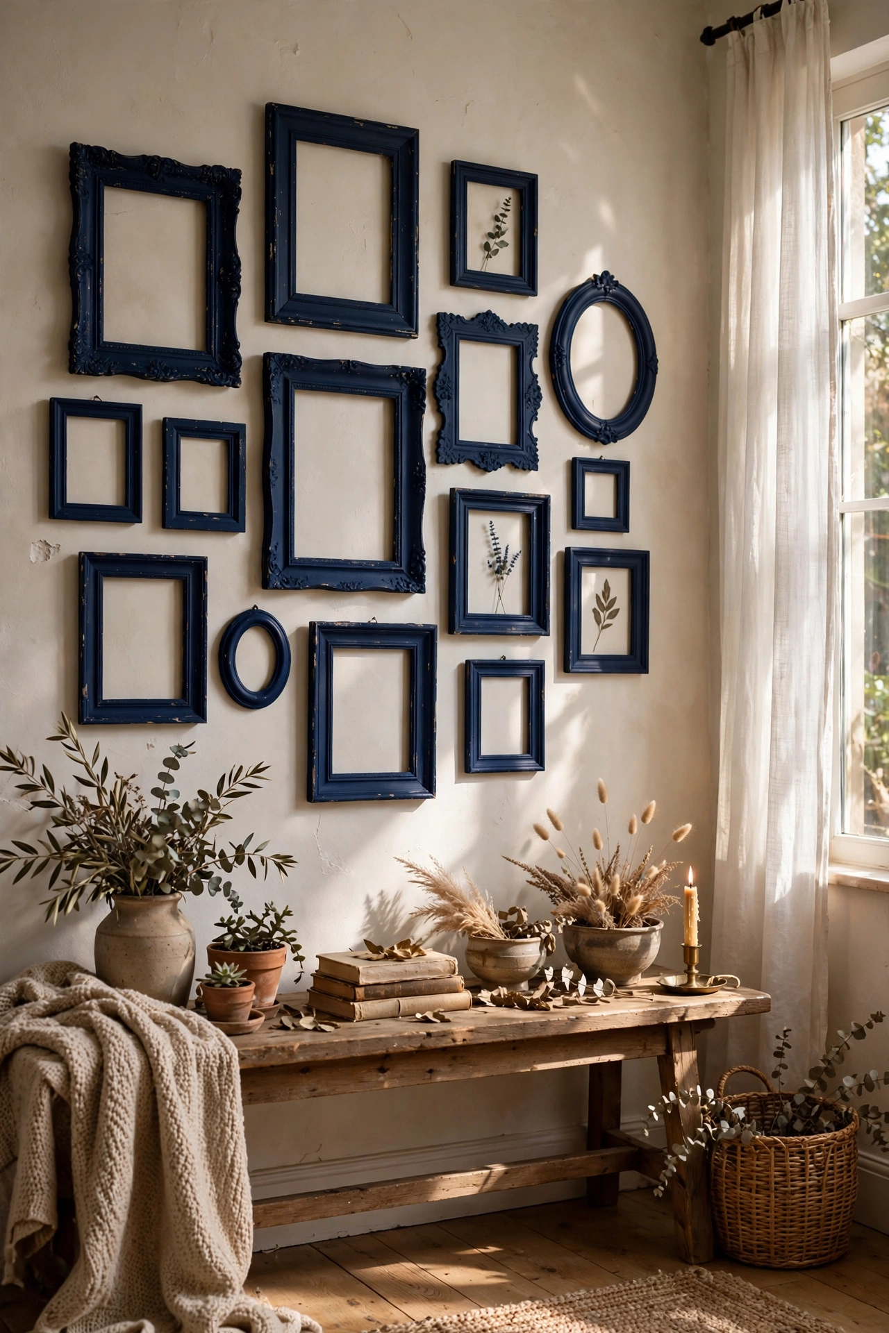 Gallery wall of thrifted frames spray painted navy on a light wall
